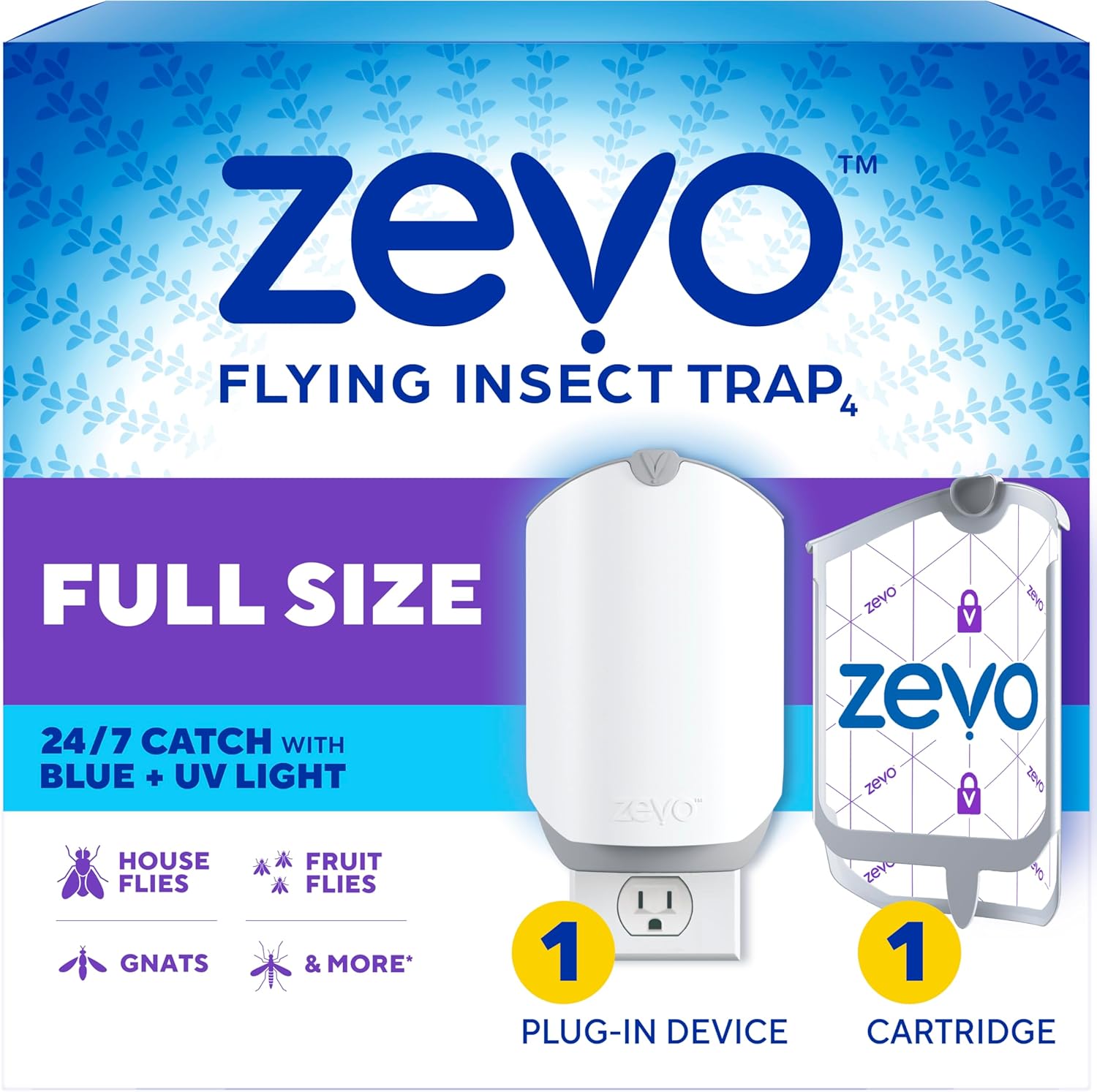 Zevo Flying Insect Trap for Fruit Flies & Gnats, 1 Plug-in Base & 1 Refill| Catches Fruit Flies & Gnats Near Fruit Bowls & Trash Bins, Spray-Free, Odor-Free, Blue & UV Light Trap, Safe for Kids & Pets*