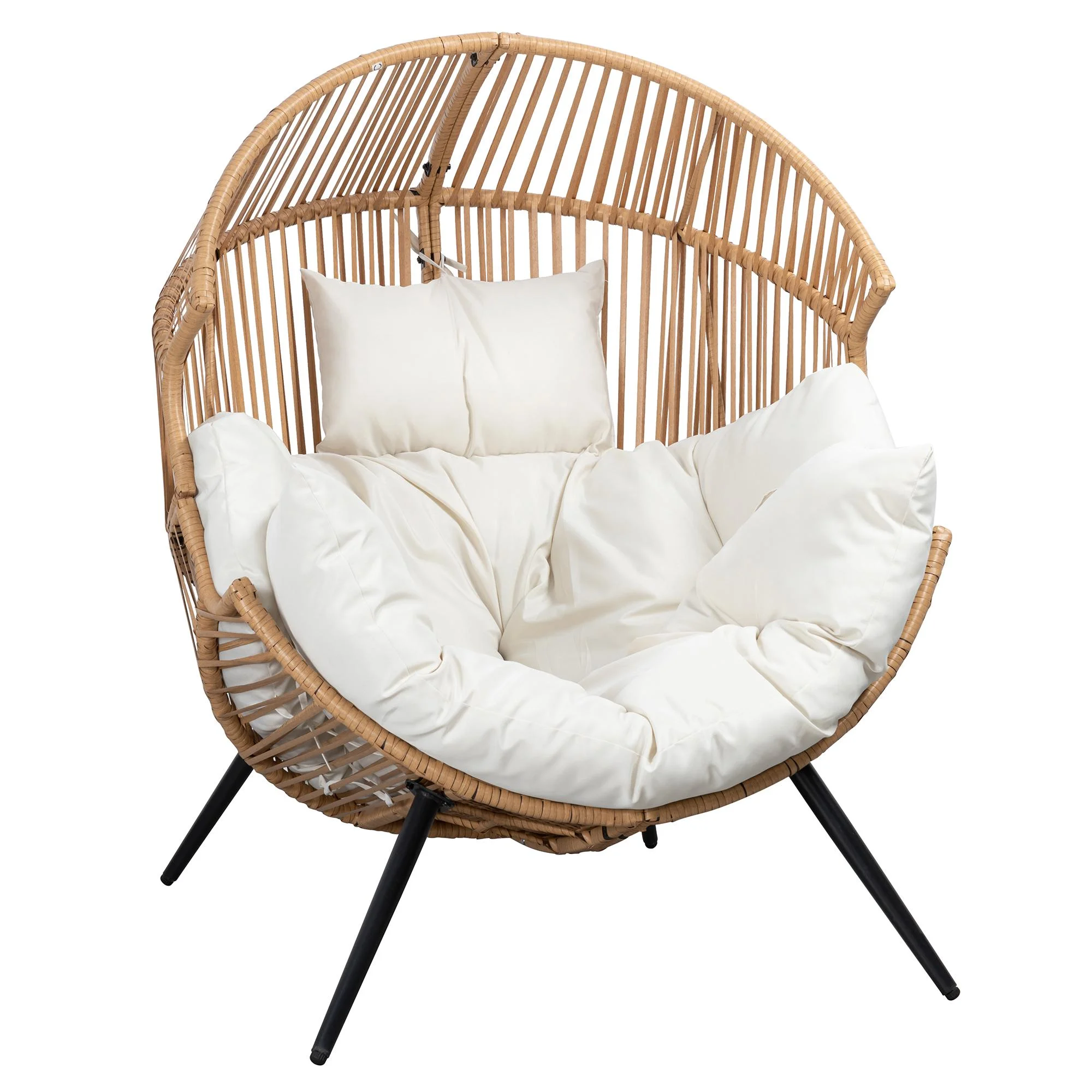 Egg Chairs Outdoor Patio Wicker Oversized Egg Shell Lounger Lawn Chair with Cushion for Indoor Outside Porch Balcony Backyard, Original Wood Color Rattan Beige Cushion(Wooden Color Rattan Beige Cushion/No-Rocking) - Image 2