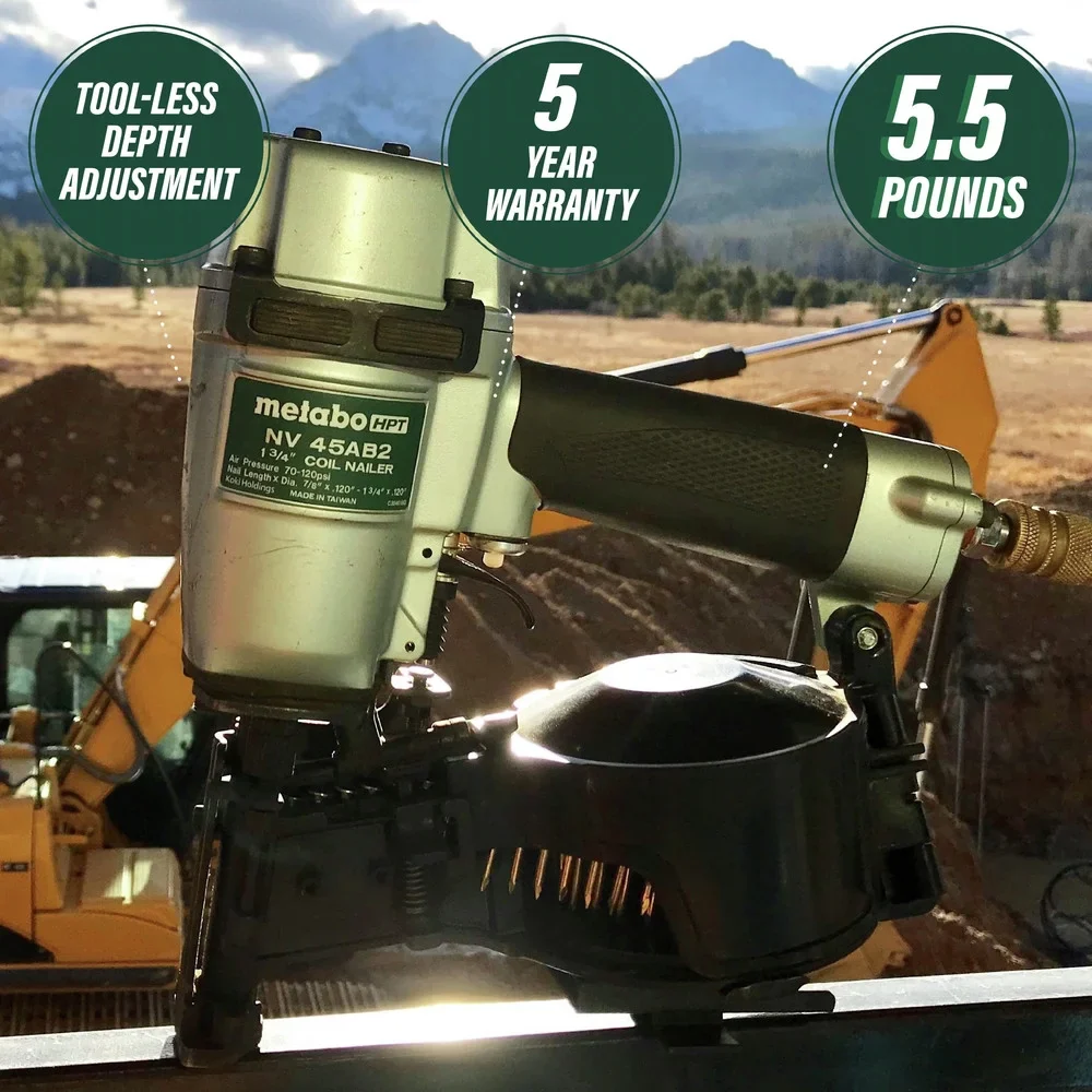 Metabo HPT Roofing Nailer, Pro-preferred Pneumatic Power Nailers in Roofing tools, Pneumatic Roofing Nailer for Asphalt Roofing Shingles, Nailer 16 Degree 7/8�� to 1-3/4�� Roofing Nails, NV45AB2