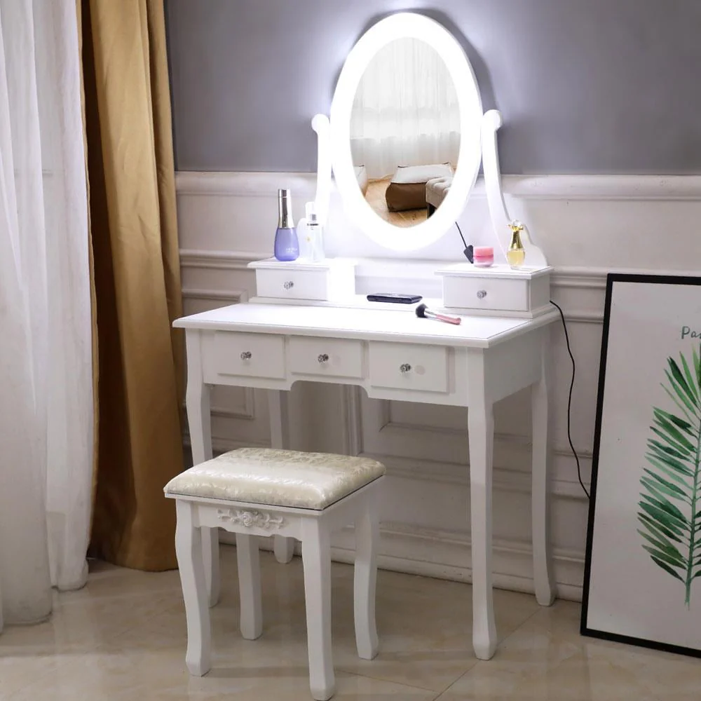 Vanity Table 10 LED Lights, 5 Drawers Makeup Dressing Desk with Cushioned Stool Set,Bedroom Vanities Set White - Image 4