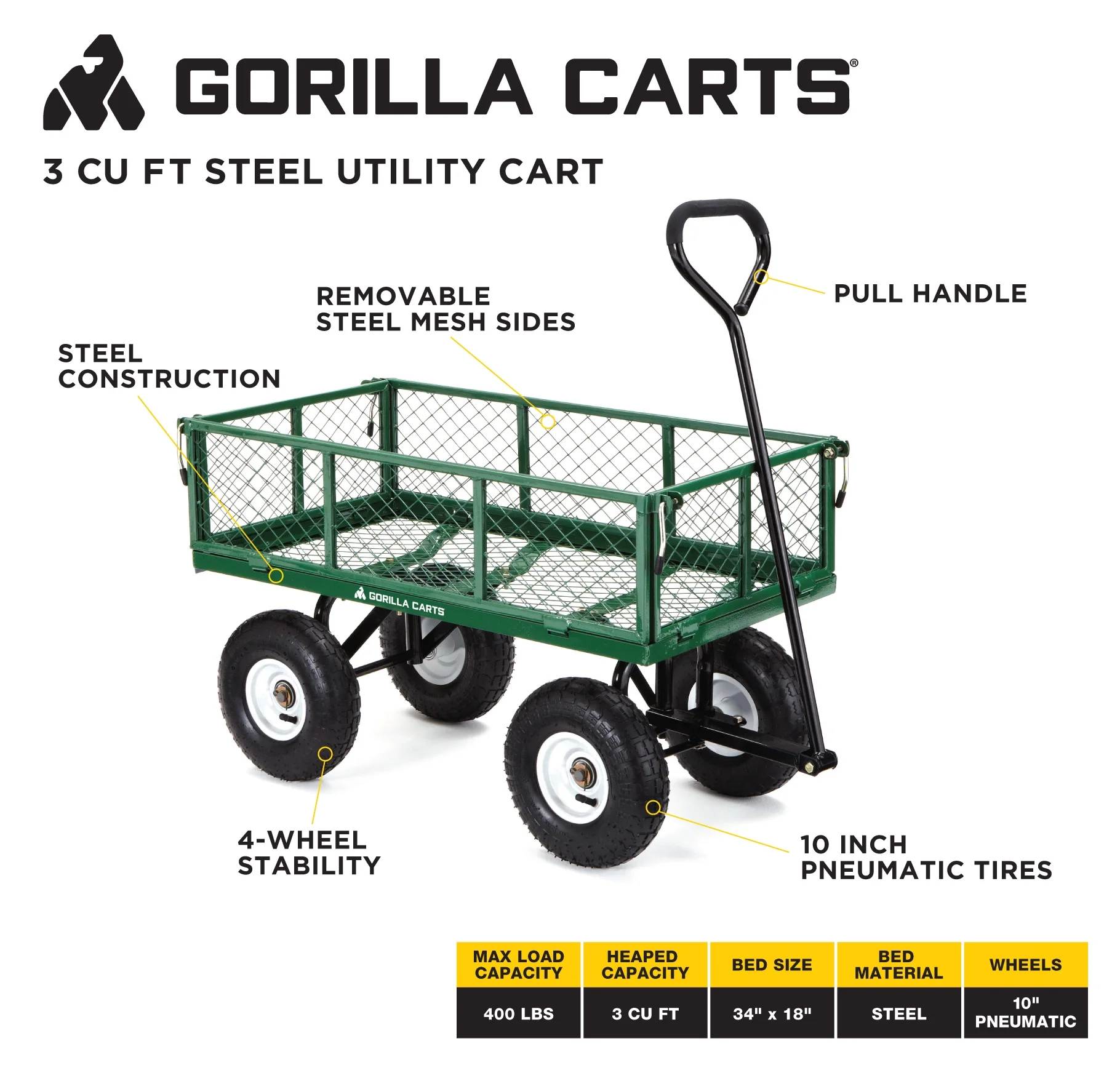 Gorilla Carts GOR400 400 - Lb. Steel Mesh Garden Cart with 10