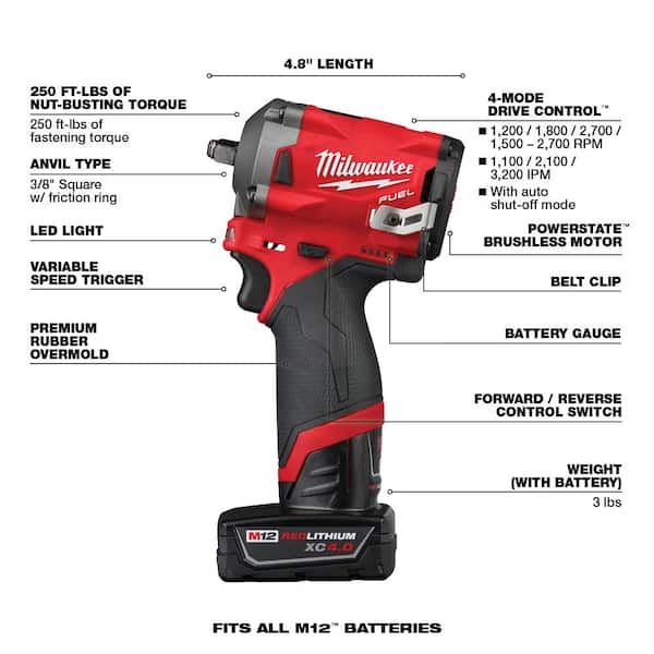 M12 FUEL 12V Brushless Cordless Stubby 3/8 in Impact Wrench Kit with 3/8 in Drive SAE/Metric Socket Set (43 Piece) Image 4