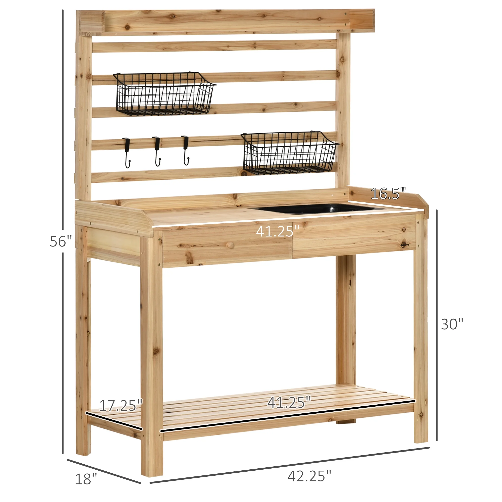 Potting Bench Table, Garden Work Bench, Workstation with Metal Sieve Screen, Removable Sink, Additional Hooks and Baskets for Patio, Courtyards, Balcony, Natural(Natural wood finish) - Image 8