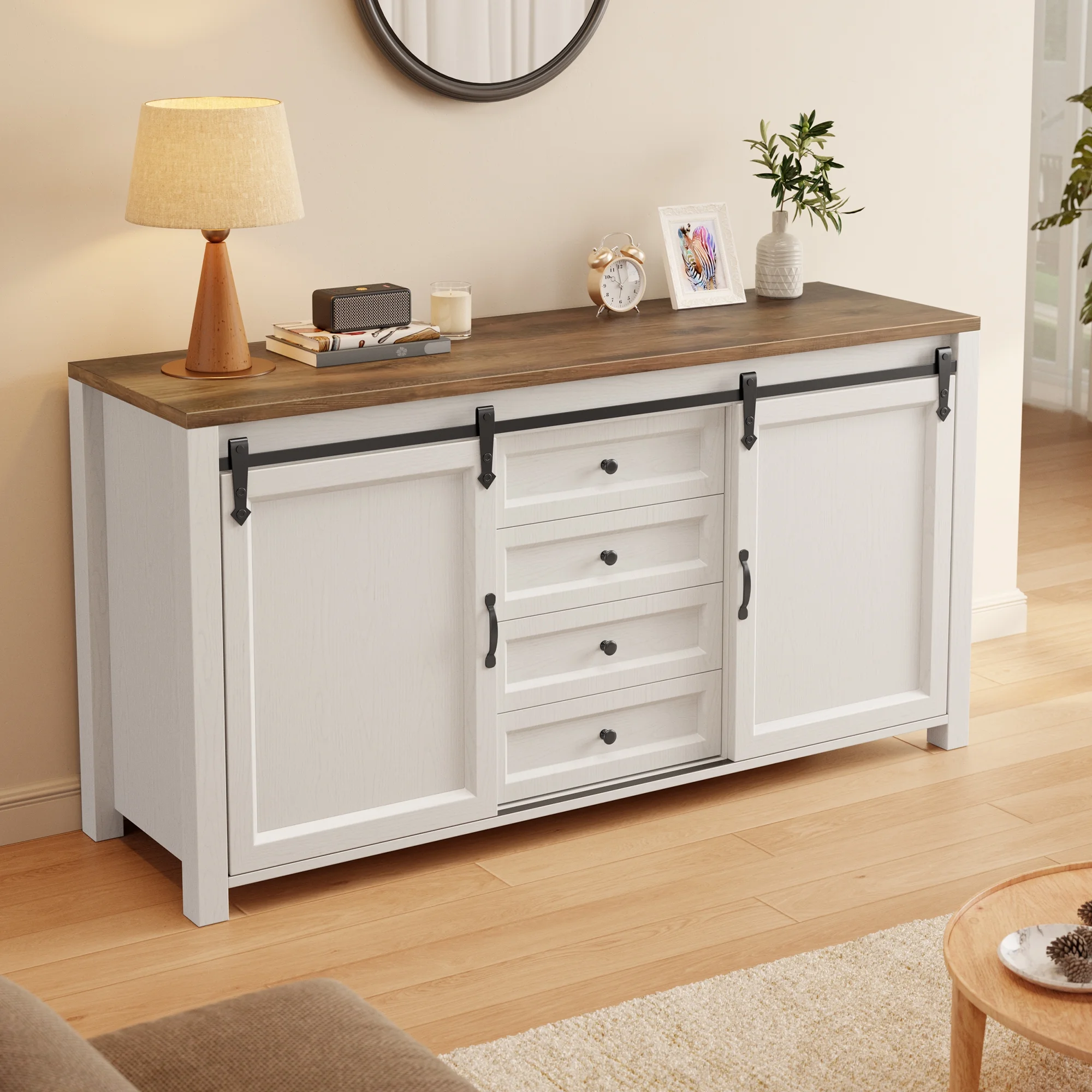 Coffee Bar Cabinet, 60" Buffet Cabinet with Storage, 2 Sliding Barn Doors 4 Drawers for Kitchen, White + Rustic Brown(Single) - Image 7