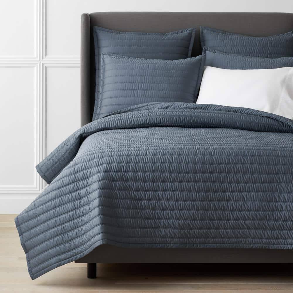 The Company Store Legends Hotel Wrinkle-Free Steel Blue Striped King Cotton Sateen Coverlet