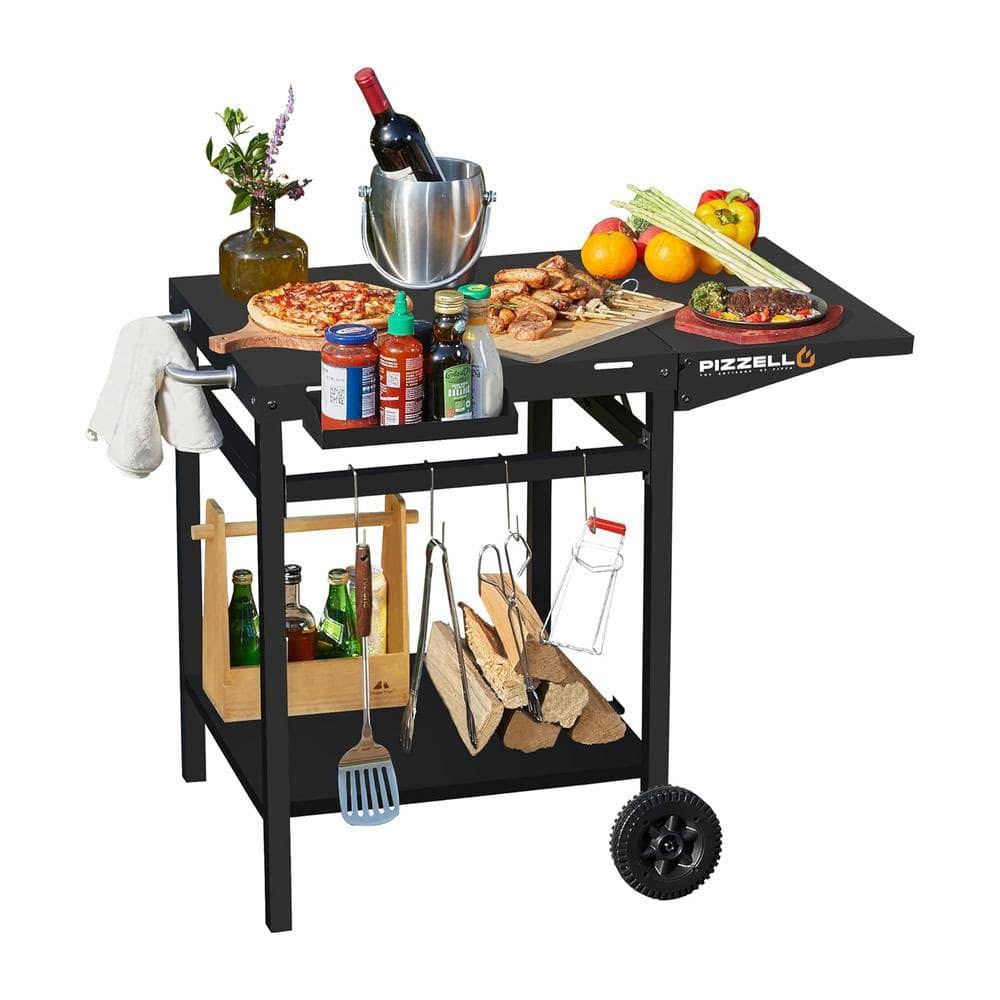 Pizzello Outdoor Grill Dining Cart Movable Pizza Oven Trolley BBQ Stand Double -Shelf Outdoor Worktable with 2 Wheels and 4 Hooks