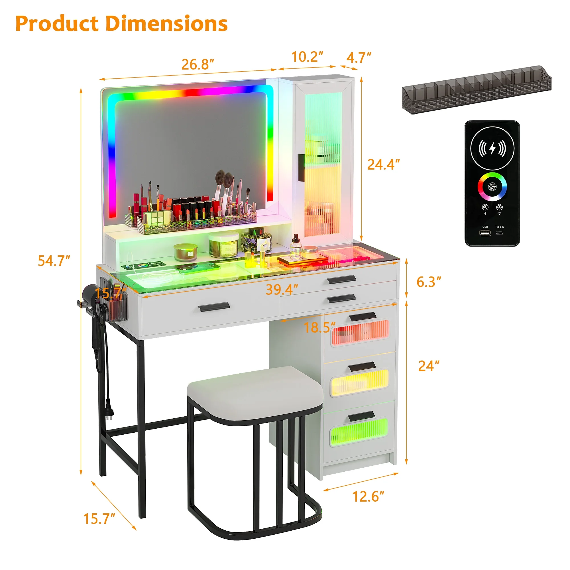 Vanity Desk with Mirror and RGB Lights, Glass Top Makeup Vanity with Auto Sensor Lights and Wireless Charging, Vanity Table Set with Cushion Stool, Dressing Table with 6 Drawers (White)(White) - Image 9