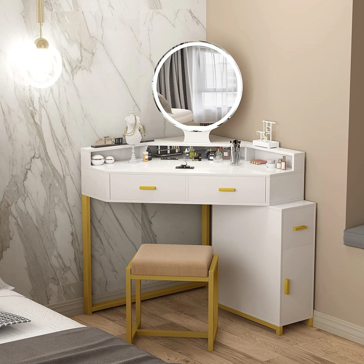Corner Vanity Set with Lighted Mirror, Makeup Vanity Dressing Table with Drawers, Cabinet and Cushioned Stool, Girls Vanity Desk for Bathroom, Bedroom, White by TZUTOGETHER Image 5