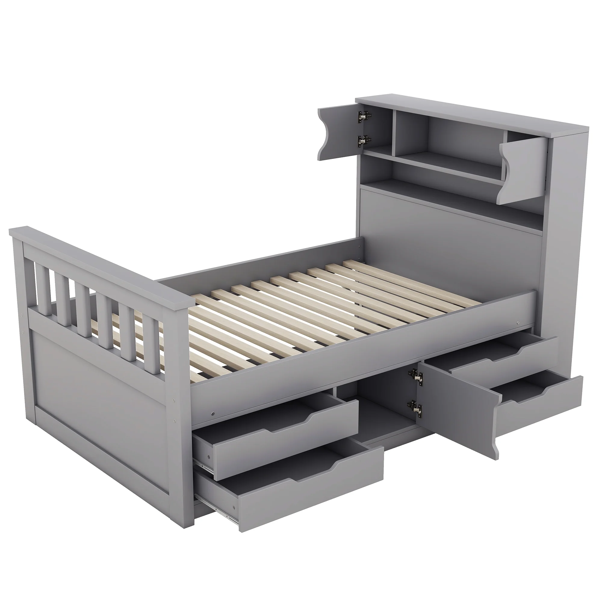 Wood Twin Size Platform Bed with Storage Headboard, Captain Bed with 4 Drawers, Bookcase and Cabinets, Gray(Gray) - Image 5