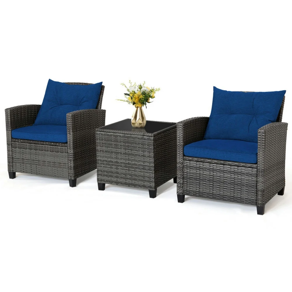 Outdoor Seating Sets,Garden Conversation Sets,3 Pieces Outdoor Wicker Conversation Set with Tempered Glass Tabletop-Navy - Image 10