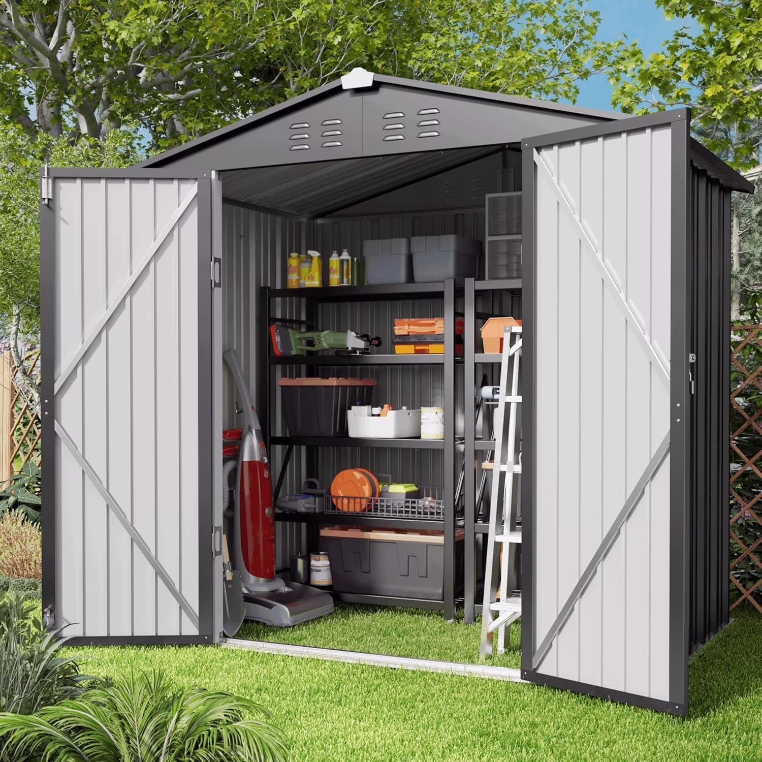 Lofka 6 x 4 FT Galvanized  Metal Outdoor Storage Shed with Double Lockable Doors and Air Vents for Patio, Garden, Backyard, Lawn, Dark Gray