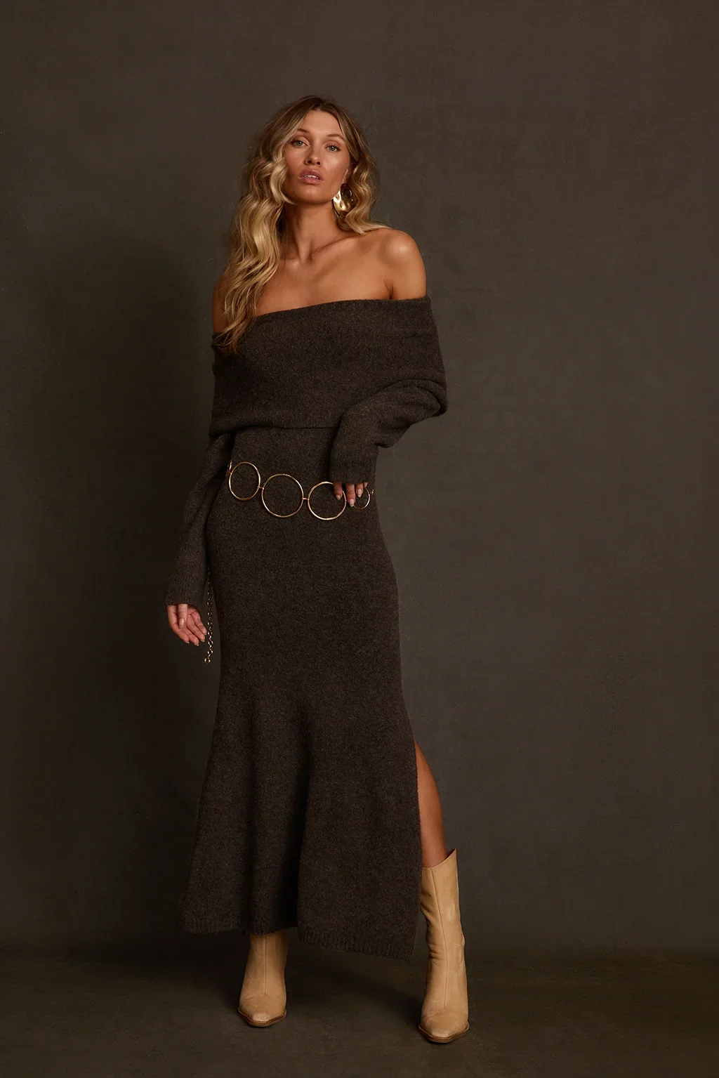 Simone Charcoal Off The Shoulder Sweater Maxi Dress