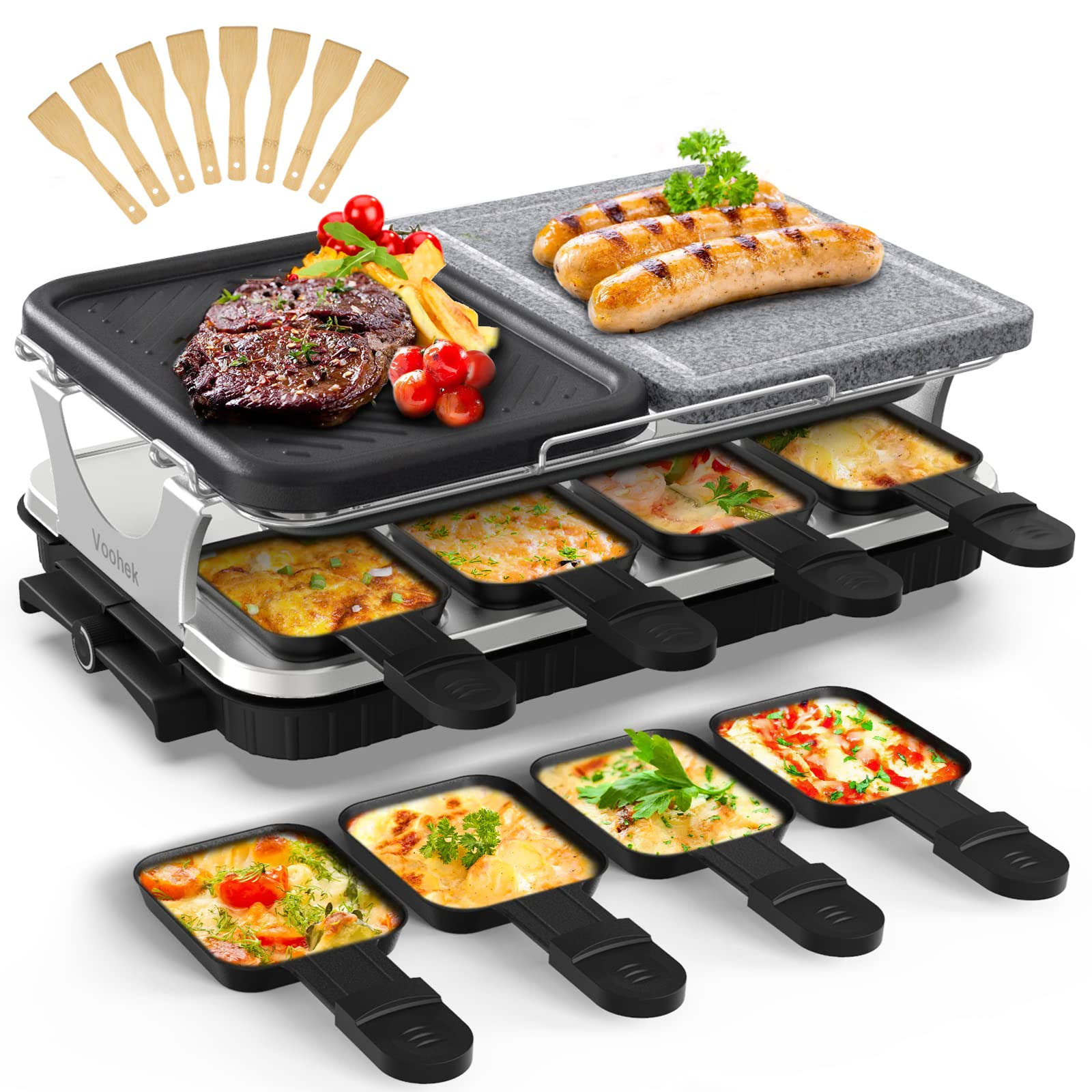 Voohek Korean BBQ Grill Raclette Table Grill Hibachi Electric Indoor Grill 2 in 1 Non-Stick Grilling Plate and Natural Cooking S