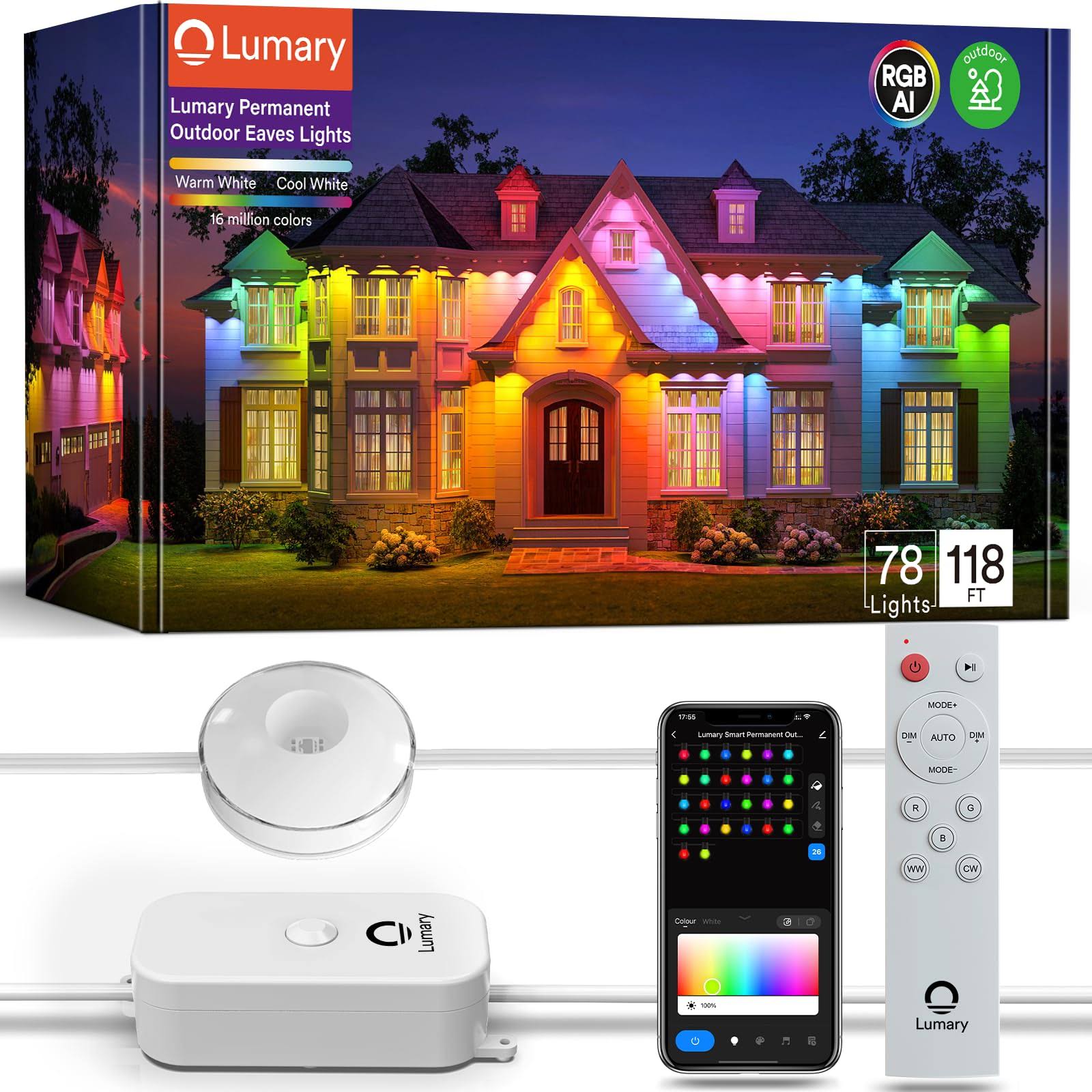 Lumary Permanent Outdoor Lights 100ft with 78 LED Lights, RGBAIWW Smart Eaves Lights IP65 Waterproof, Year-Round Outdoor Lighting for Halloween,
