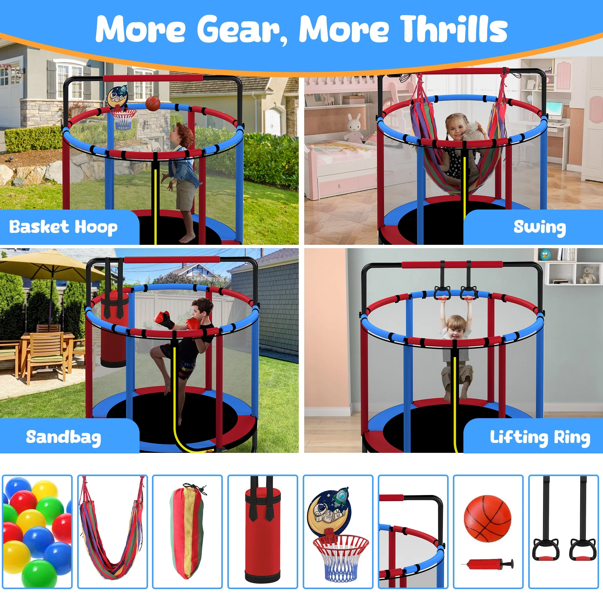 Mini Round Trampoline for Kids with Basketball Hoop, 55'' Indoor Outdoor Toddler Trampoline with Enclosure Net, Swing, Sandbag, Ring, Ocean Balls, Small Trampoline Gift for Boys Girls, Blue(Blue,Red) - Image 4