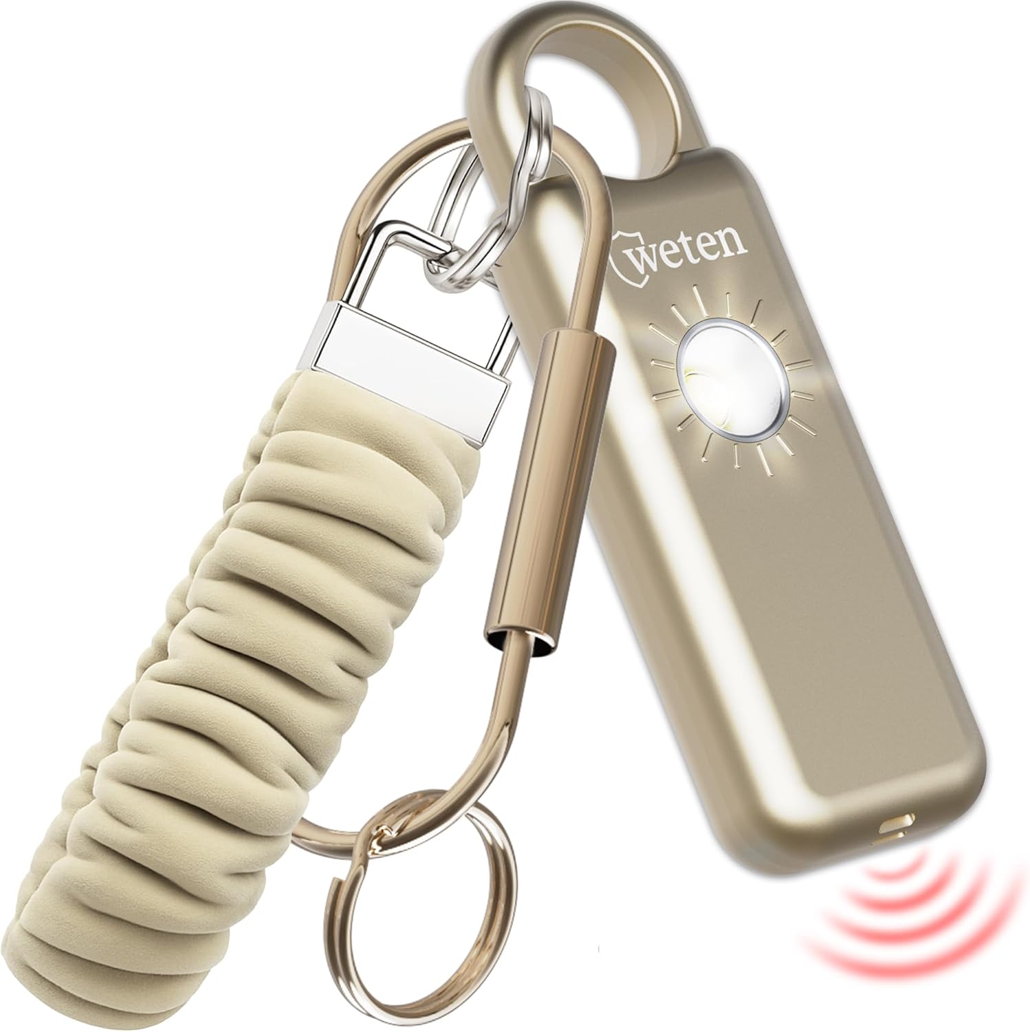 Weten Personal Safety Alarm Keychain – 130dB Siren with Bottom Speaker, LED Light, Wristlet & Carabiner Clip – Weatherproof Self Defense Alarm with Low Battery Alert (Metallic Rose)