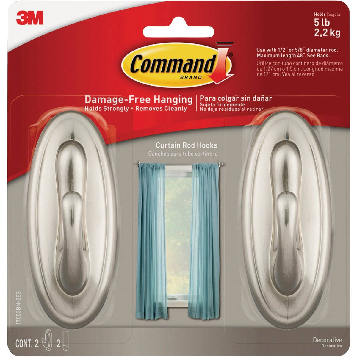 Command 17053BN-2ES Curtain Rod Hooks, Brushed Nickel, 2