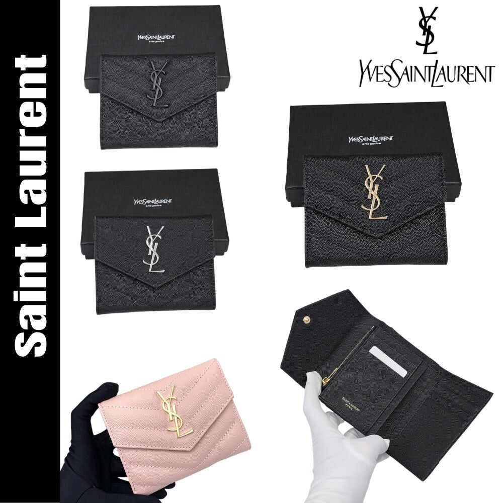 YSL【サンローラン】大人気ロゴ 小銭入れ付き 三つ折り財布4色