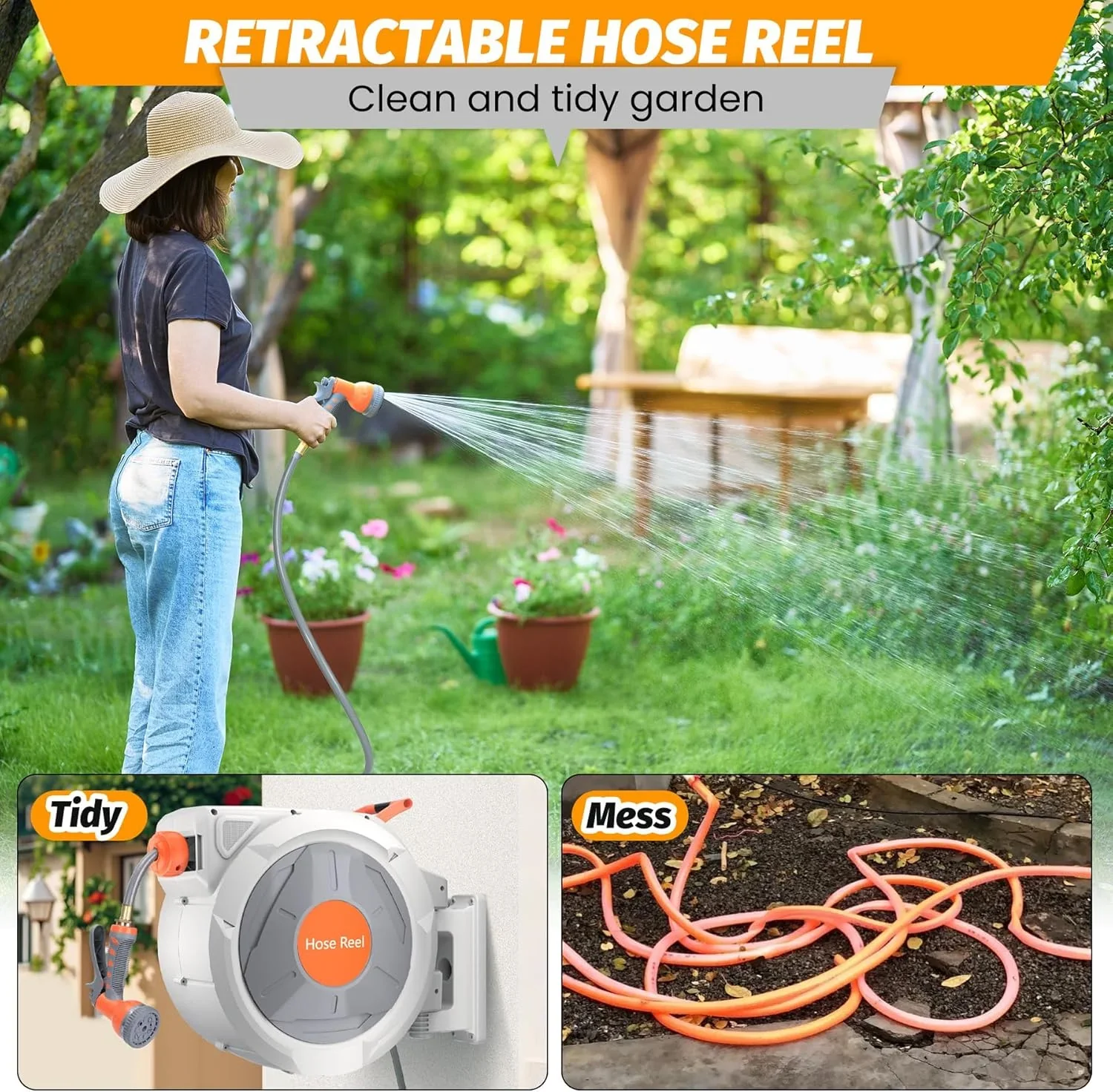 Auto-Retract Wall-Mounted Garden Hose Reel w/9-Pattern Nozzle, 180�� Swivel & Any-Length Lock, 600PSI Durable