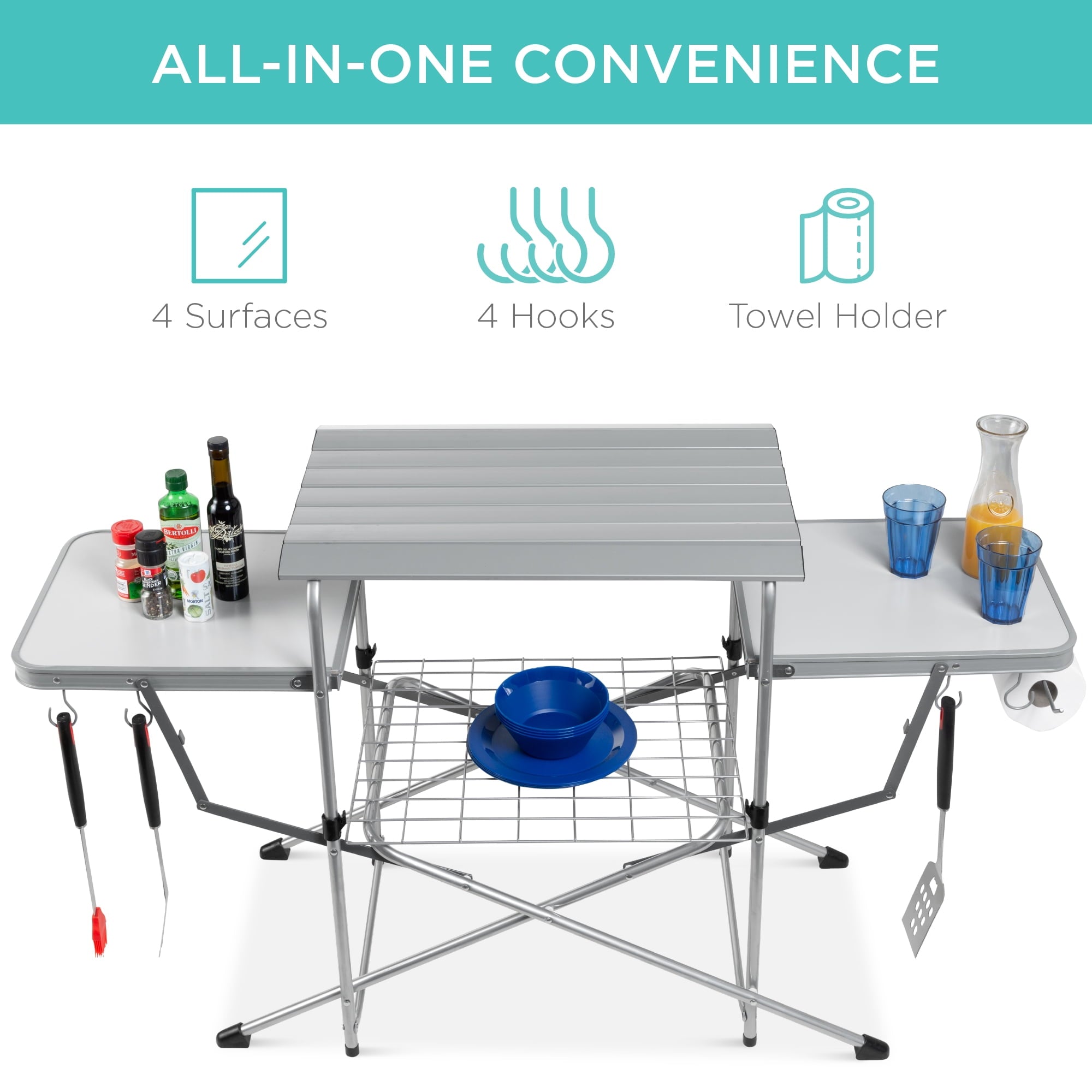 Choice Products Portable Folding Grill Table. Outdoor Food Prep Station for Camping w/ Carrying Case. 4 Hooks