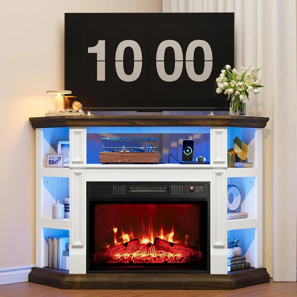 Naice 47" Corner Fireplace TV Stand for 55-Inch TVs with Storage, Brown