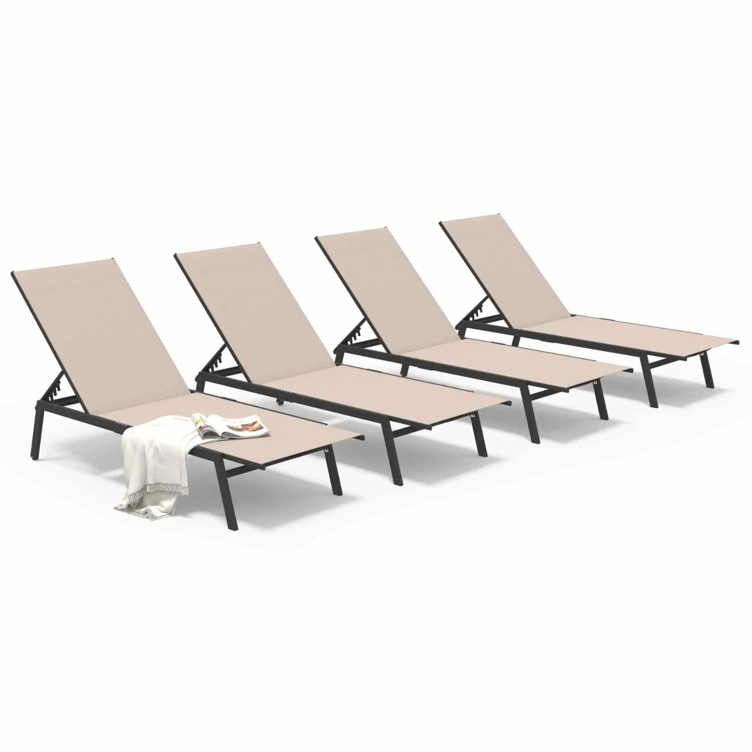 AECOJOY Patio Lounge Chairs, Outdoor Chaise Lounge with Wheels, Beige, 4PCS