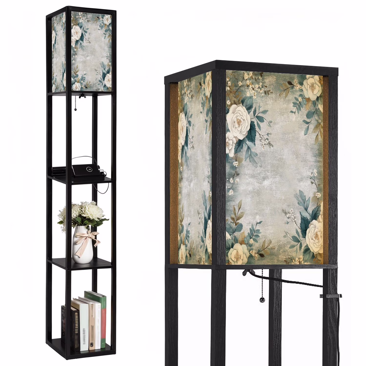 Floor Lamp with Shelves,Modern Dimmable Standing Lamp Floral Corner Display Bookshelf Lamp with 2 USB 1 Power Outlet for Living Room Bedroom(Color-5) - Image 3