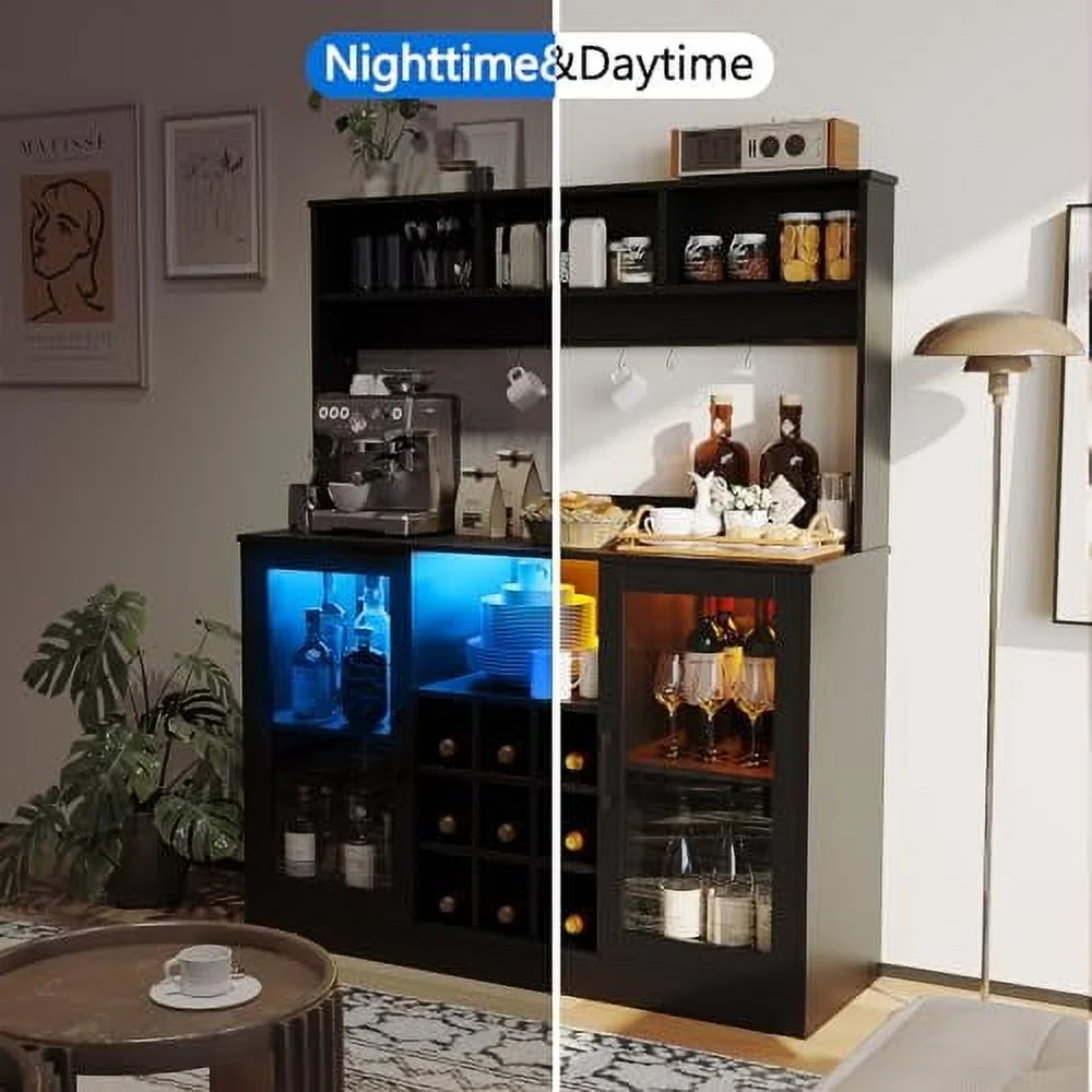 Coffee Bar Cabinet Wine Bar Cabinet with Power Outlet, 6 Hooks,9 Wink Racks and Adjustable Shelf, Liquor Cabinet Bar with LED Light, Buffet Sideboard with Storage Shelf for Kitchen, Black(Black) - Image 6