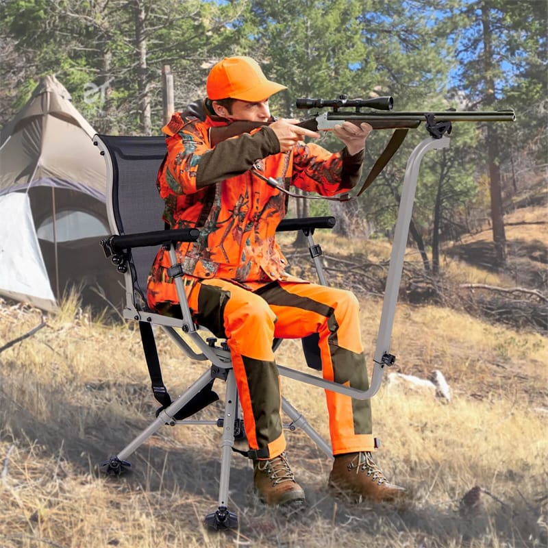 360° Swivel Hunting Chair, Portable Deer Blind Chair Sniper Seat with Adjustable Shooting Rest, Extendable Aluminum Legs & Carrying Strap for Camping