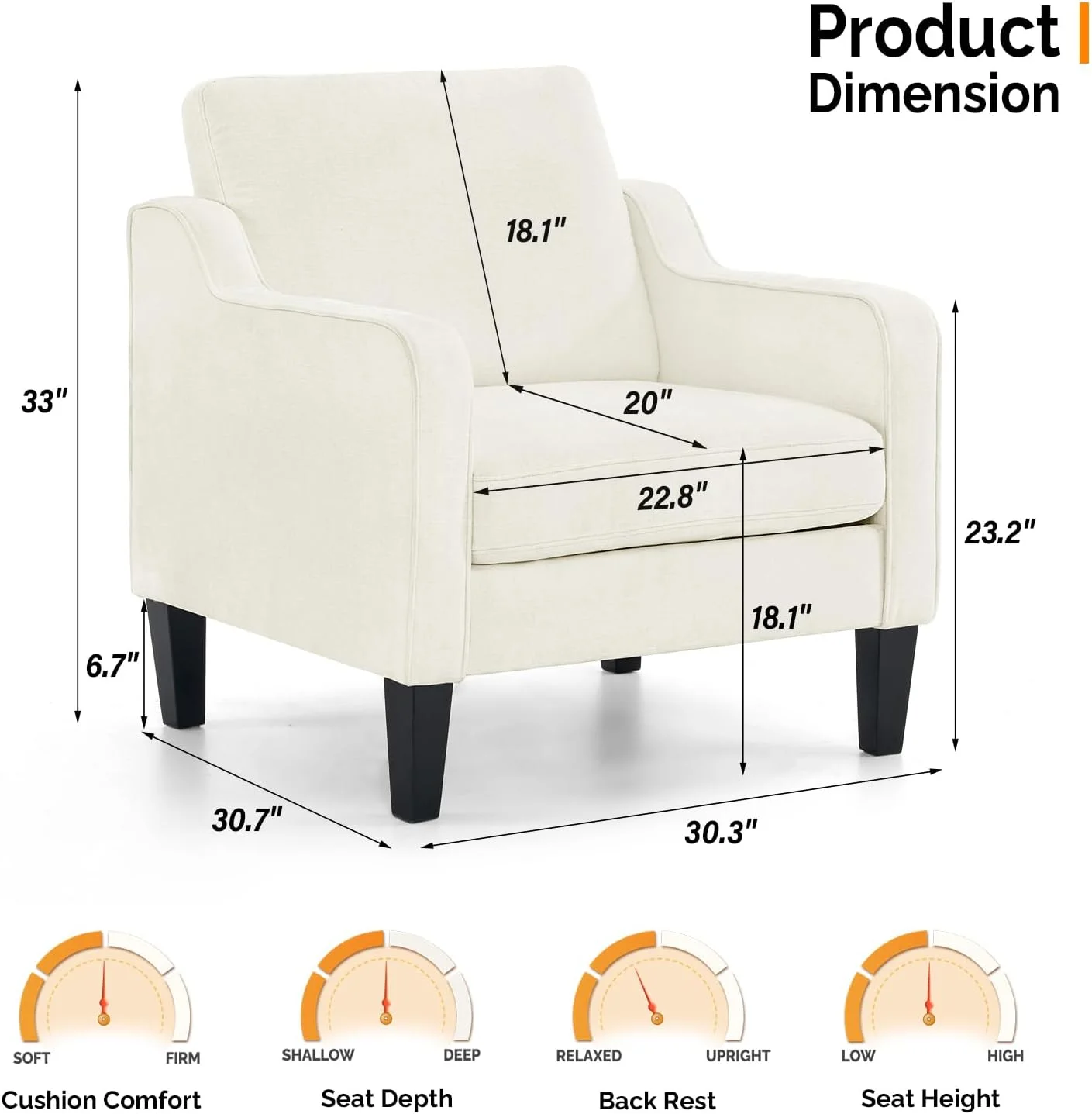 VINGLI Mid Century Modern Chenille Comfy Armchair, Creamy White