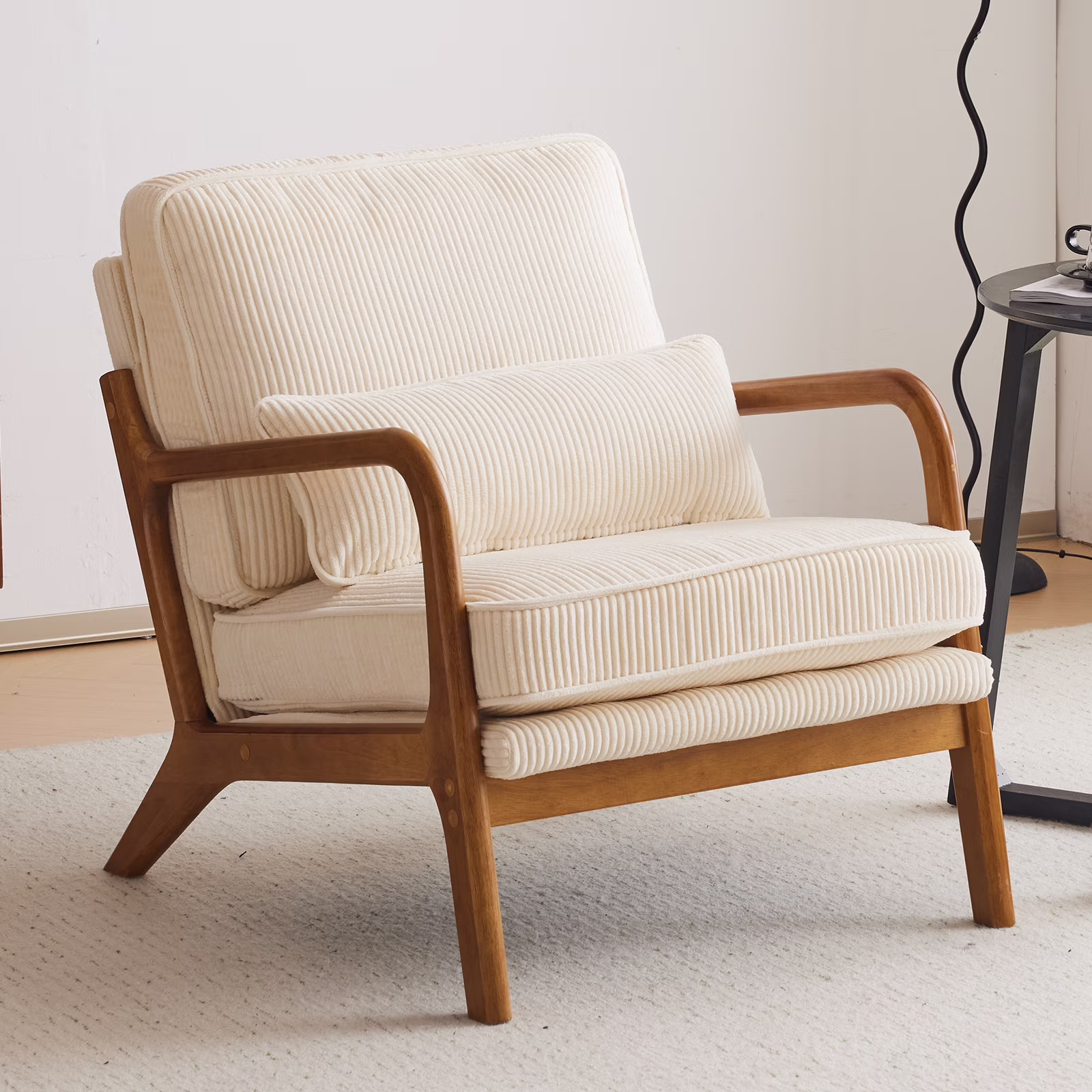 Accent Chair Corduroy Upholstered Armchair, Reading Club Chair with Pillow and Solid Wood Frame for Living Room Bedroom Furniture Off White(Off White-Corduroy)
