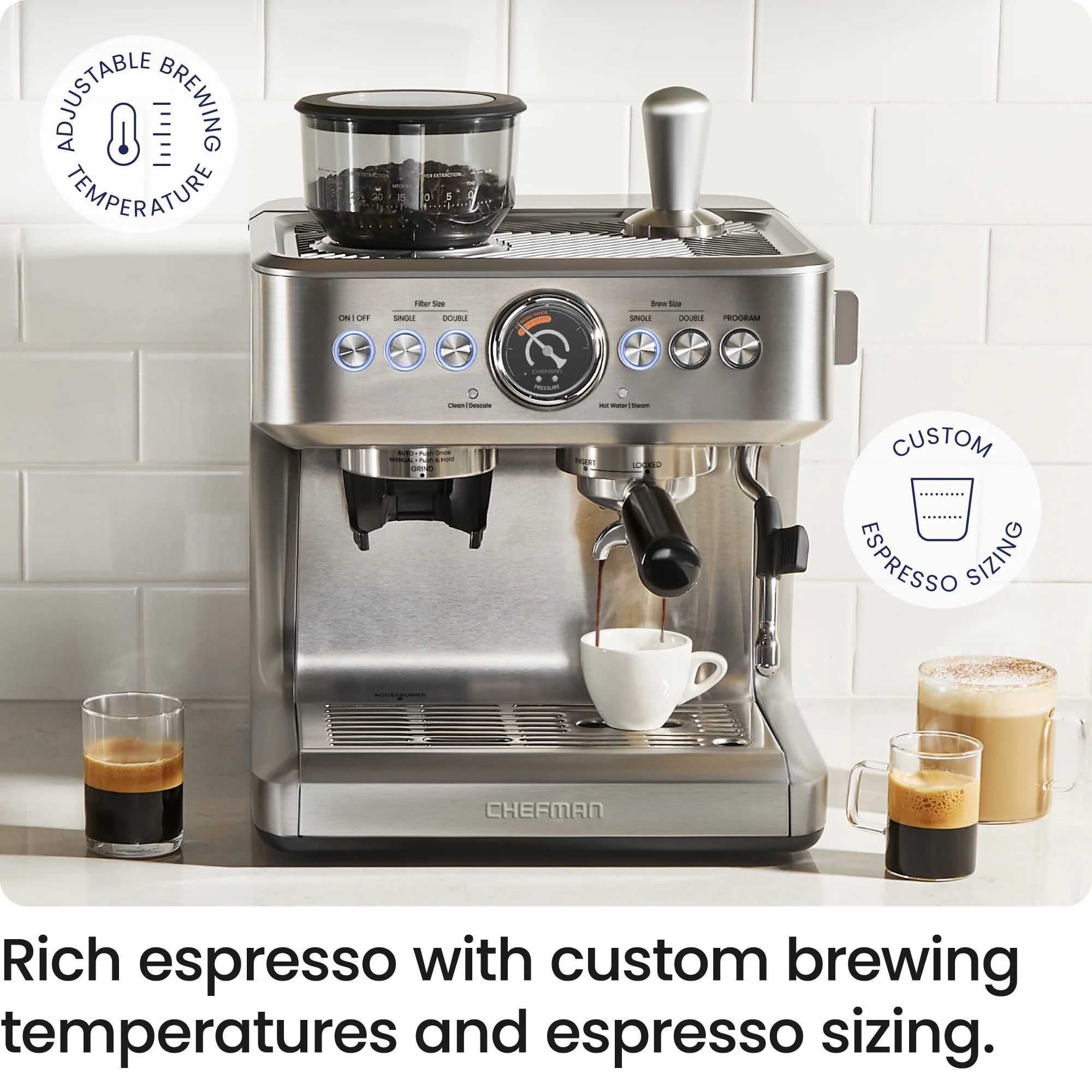 Chefman Crema Supreme Espresso Machine with Conical Burussian River Grinder and Steam Wand A?? Stainless Steel, New