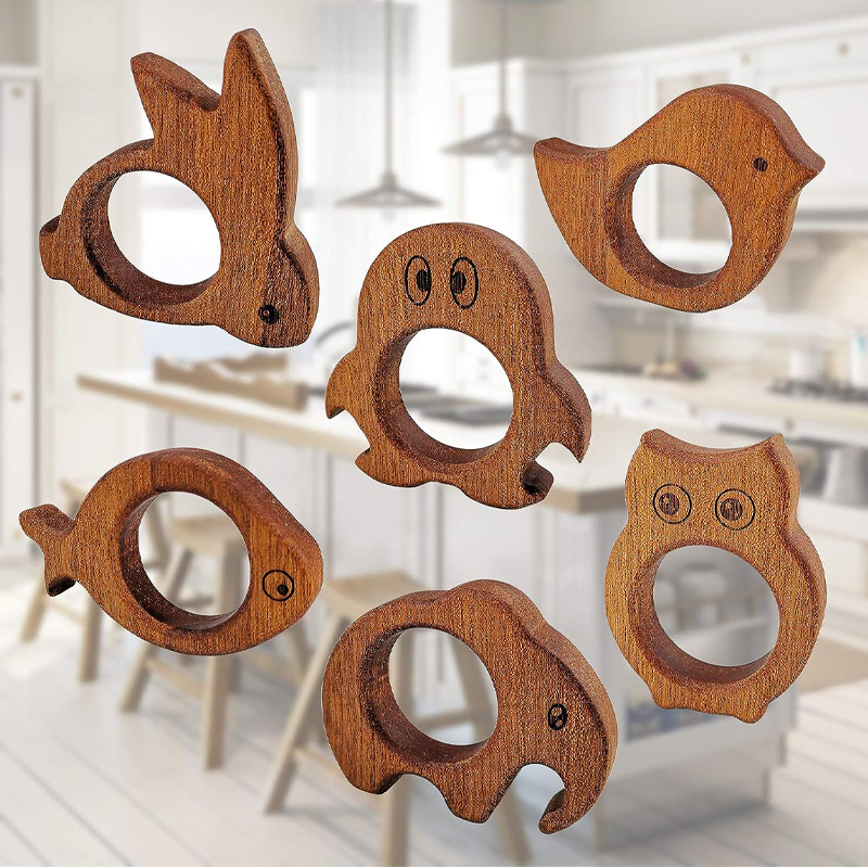 Handmade Wood Napkin Rings Set of 6, Cute Animal Shape Table Decor for Christmas, Thanksgiving and Other Holiday Parties