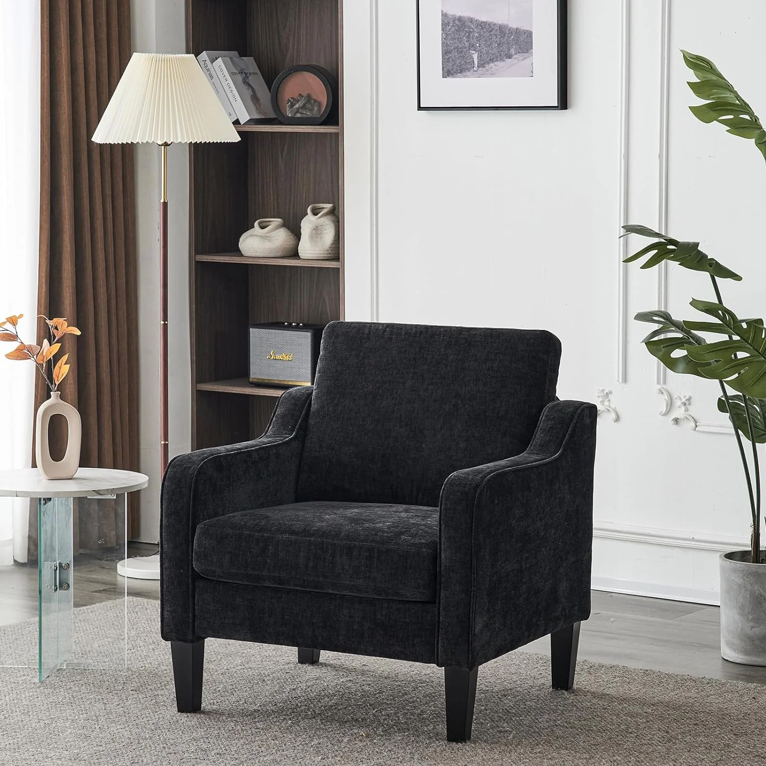 VINGLI Mid Century Modern Chenille Comfy Armchair, Creamy White