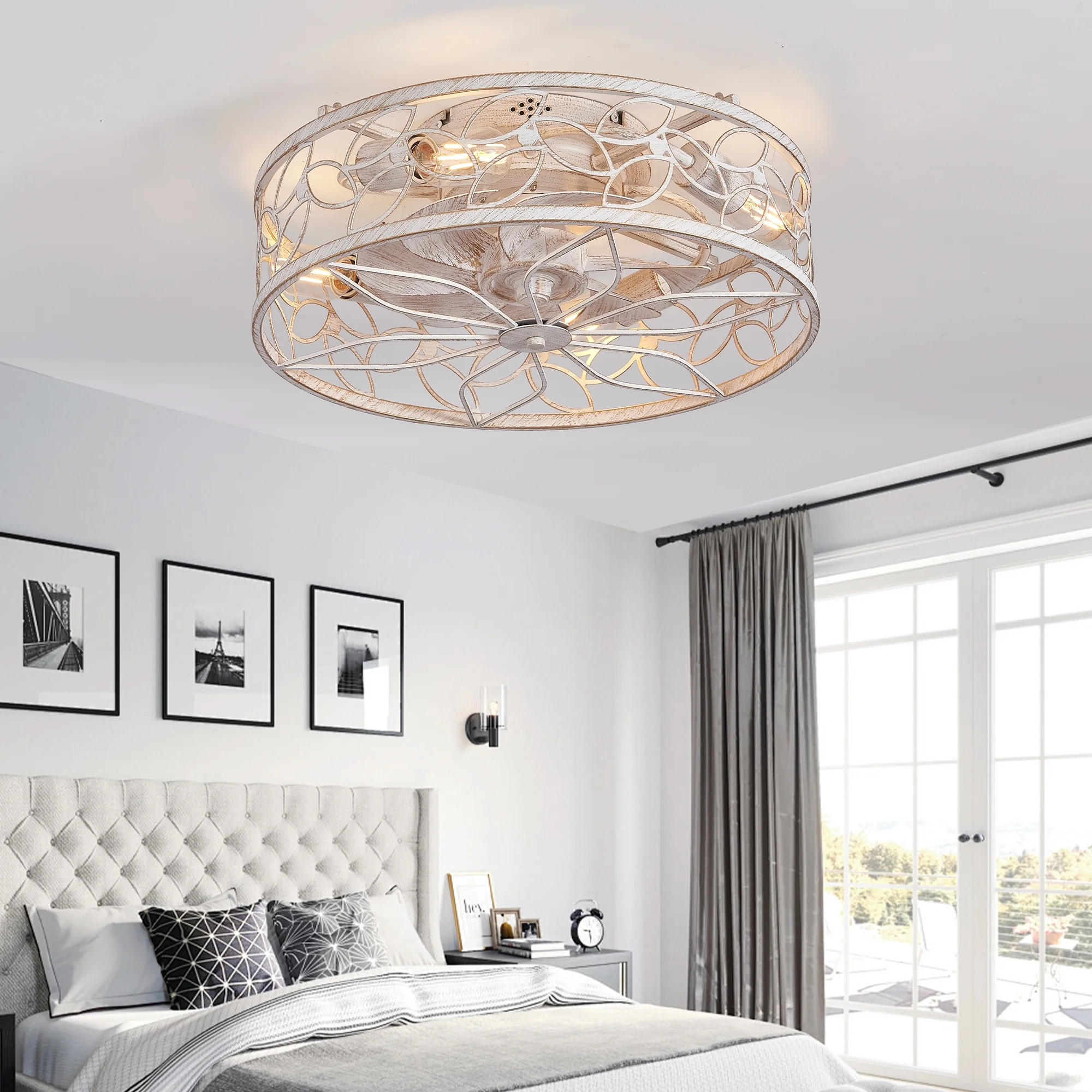 QHTX 18 - Inch White Vintage Caged Ceiling Fan with Remote Control