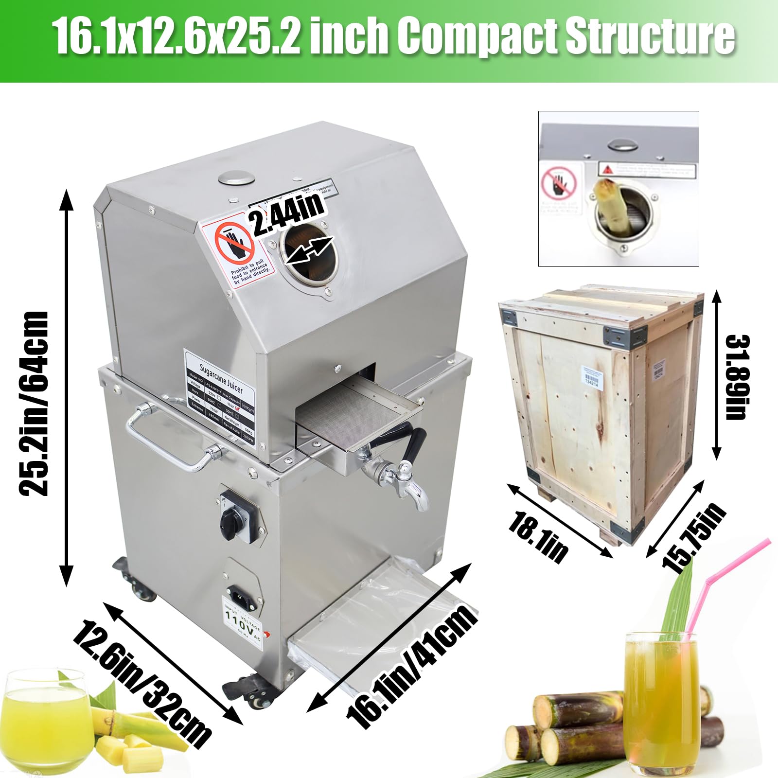 800W Electric Sugarcane Juicer Sugar Cane Press Machine with 3 Stainless Steel Rollers 660LBS/H Output 2 Peelers Sugarcane Juice Extractor Squeezer on Wheels for Home Commercial Juice Shops