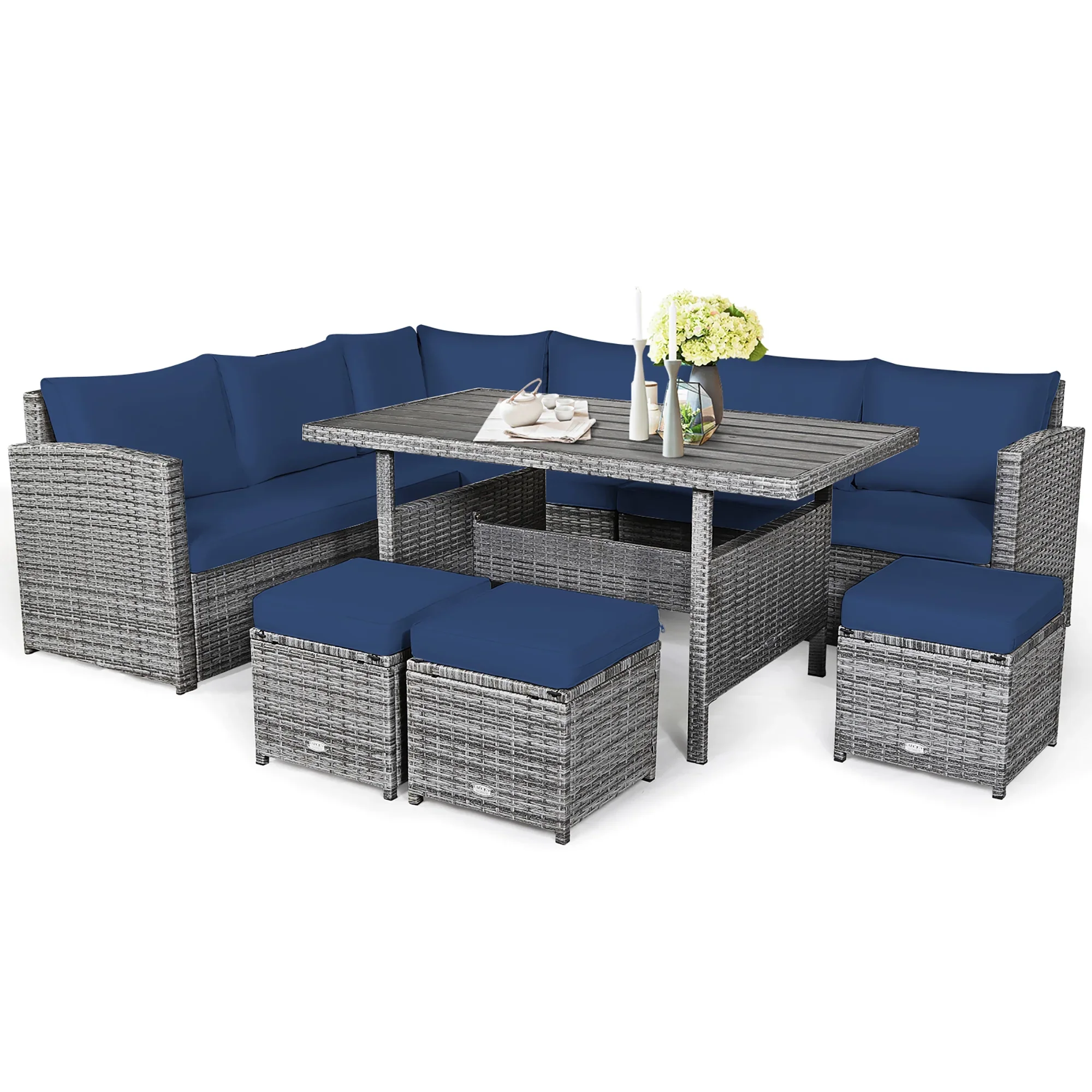 Costway 7 PCS Patio Rattan Dining Set Sectional Sofa Couch Ottoman Garden Red