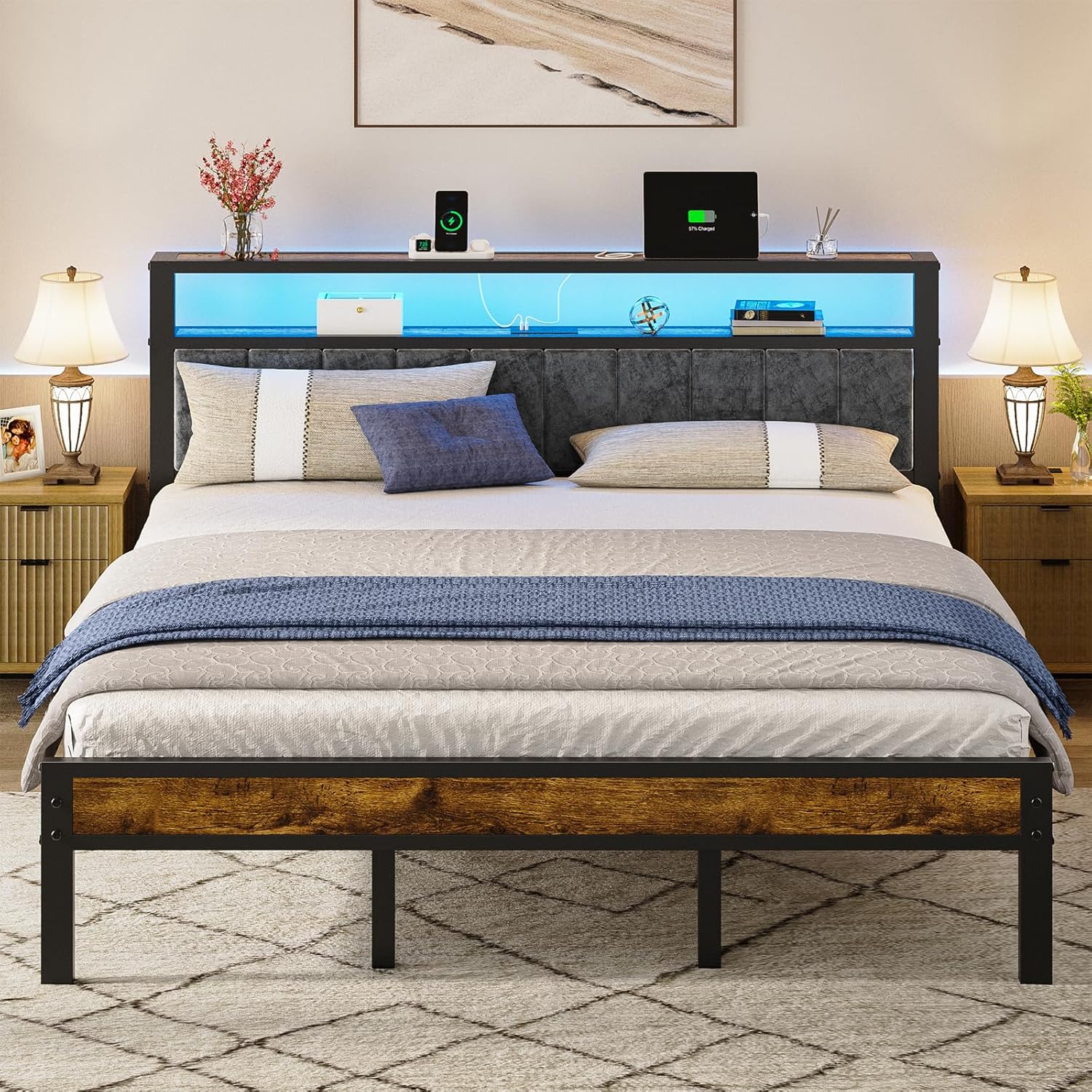 King Size Platform Bed Frame with LED Lights, Grey Upholstered Headboard with 2-Tier Storage Shelves, Charging Station, Noise Free, No Box Spring Needed, Easy Assemably