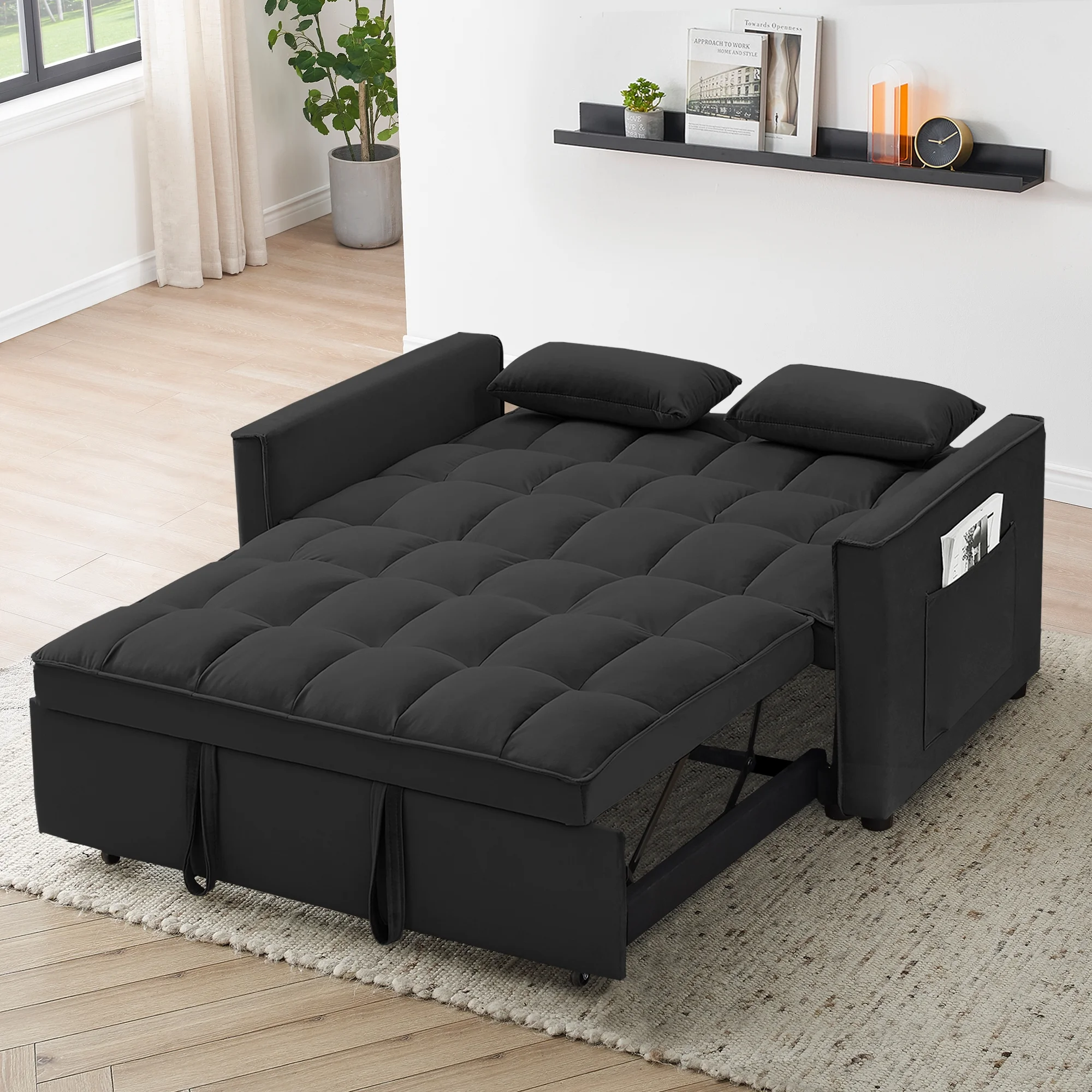 55 Inch Convertible Futon Sofa Bed,Modern Loveseat Sleeper Sofa Couch with Pull-Out Sofa Bed for Living Room,Small Space Black(Black02) - Image 4