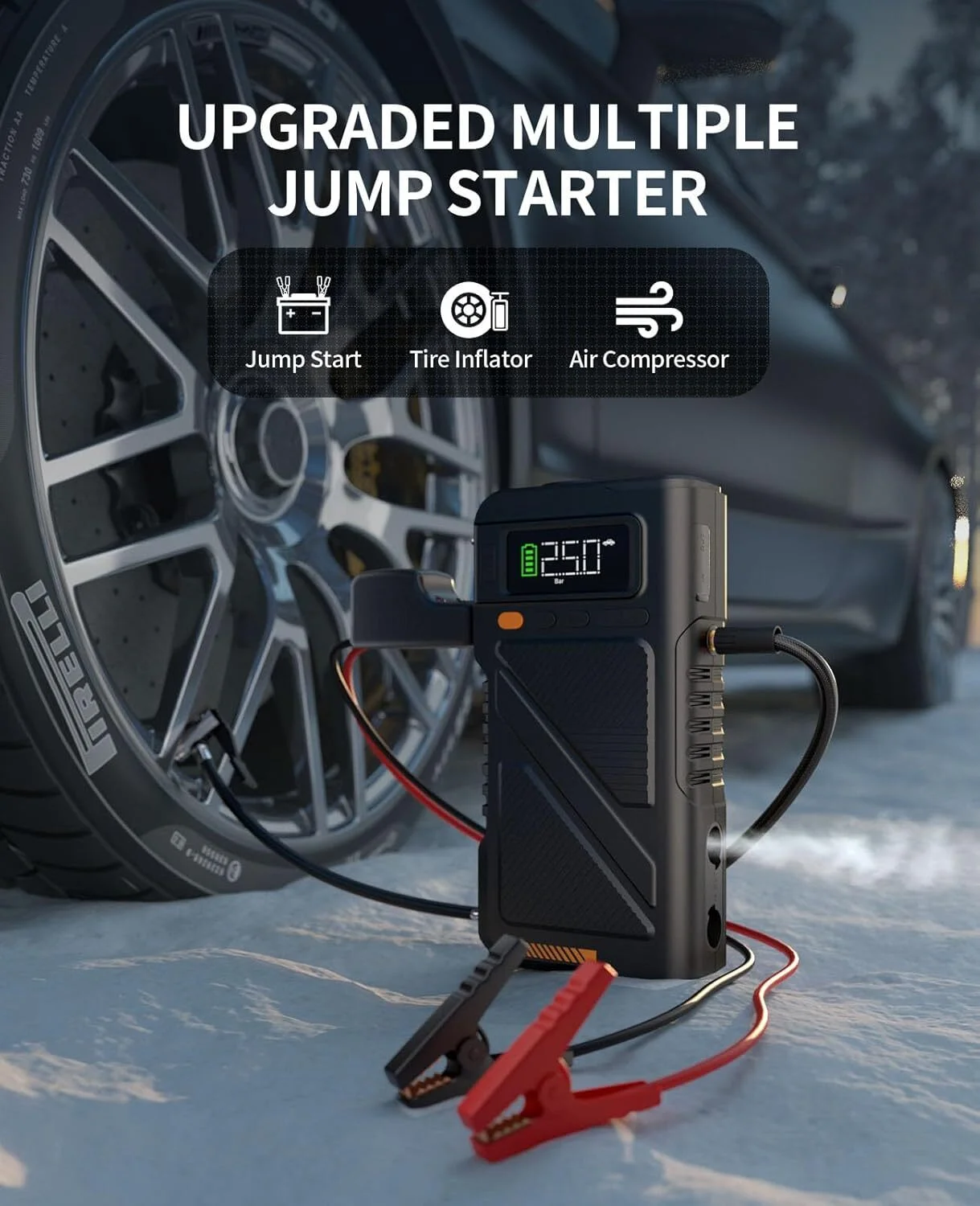 7000A Jump Starter with Air Inflator Deflator Compressor, 9-in-1 Portable 12V Car Battery Jump Box Power Pack for All Gas/12L Diesel Engine with 150PSI Tire Inflator Extended Jumper Cable - Image 3