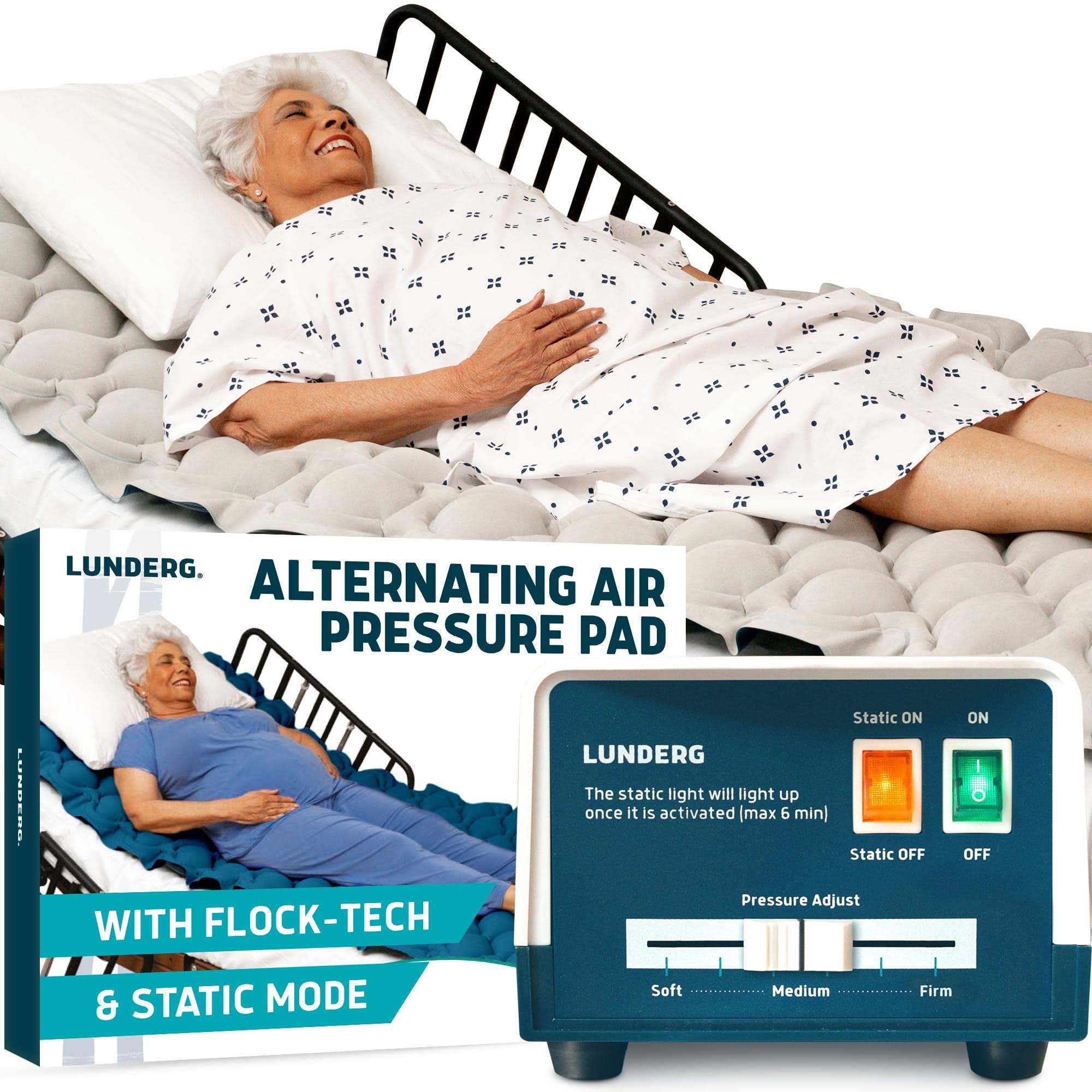 Lunderg Alternating Air Pressure Mattress Pad - with Flock-Tech & Static Mode - Bed Sore Prevention - Includes Multi-Layer Hospital Bed Mattress