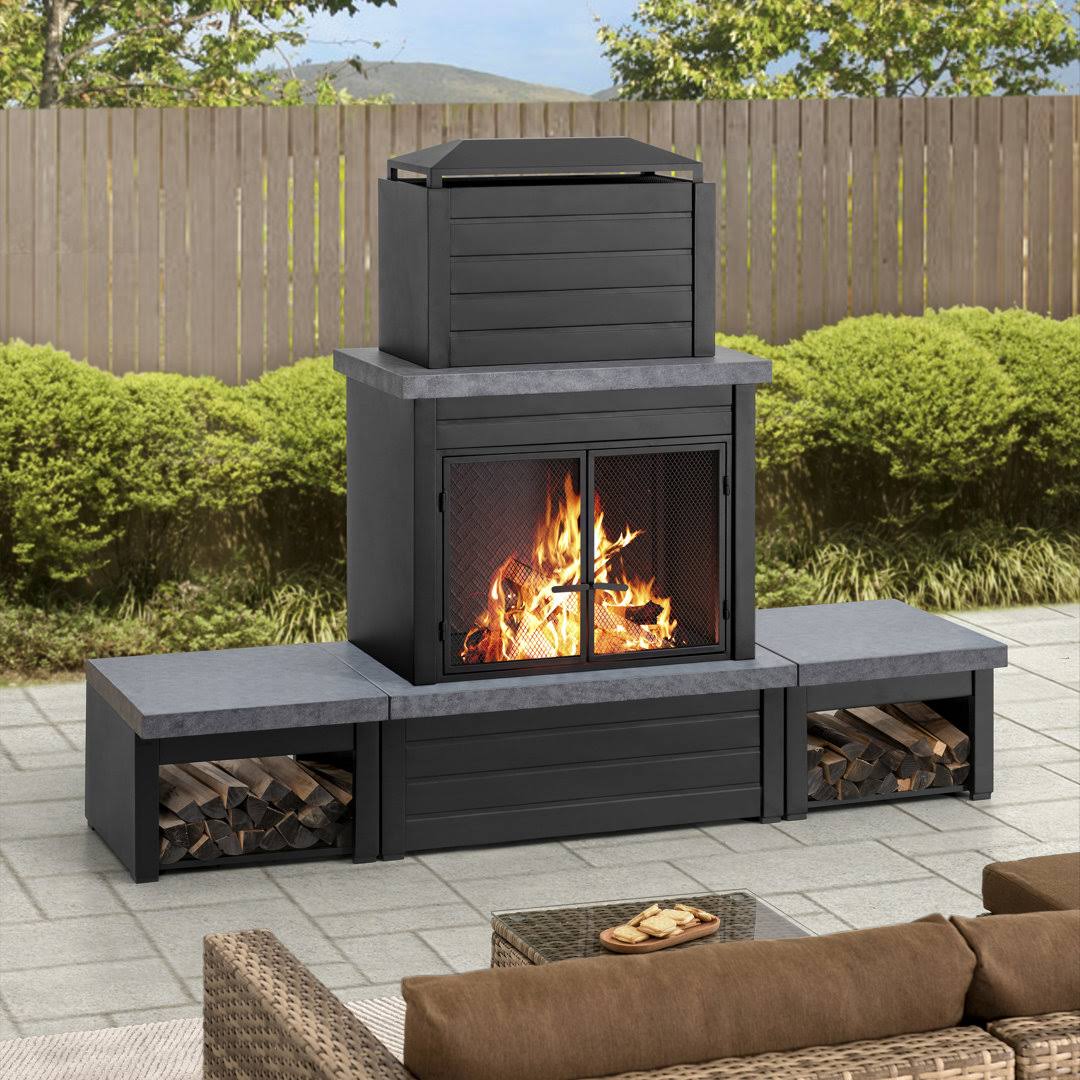 Sunjoy Wood Burning Fireplace Outdoor Steel Fireplace with Chimney, Log Holders