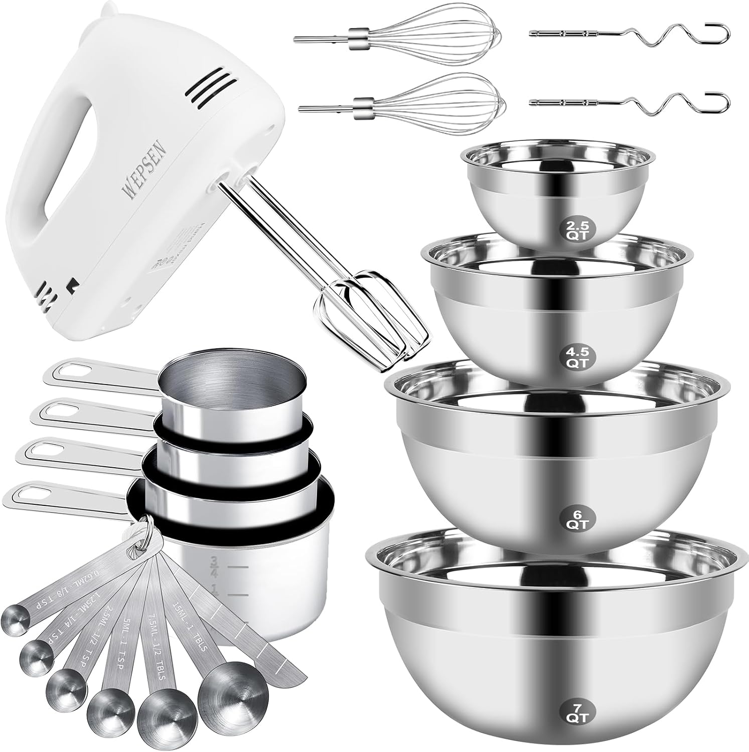 WEPSEN Hand Mixer Electric Mixing Bowls Set, 5 Speeds Handheld Mixer with 4 Nesting Stainless Steel Mixing Bowls, Measuring Cups Spoons 200W Kitchen Blender Whisk Beater Baking Supplies For Beginner