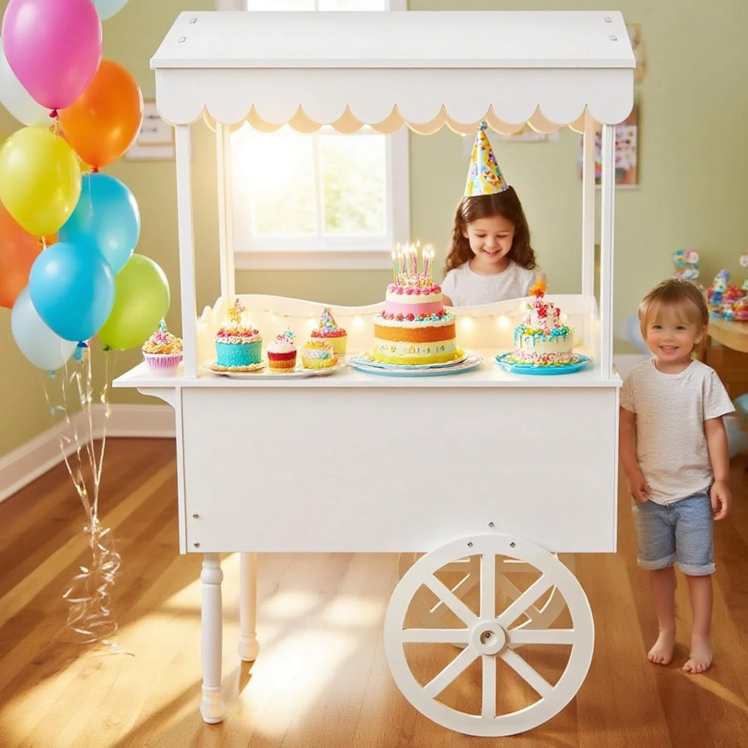 72in Candy Cart Display Stand with Decorated Wheels 100 Balloons Easy Install Vintage Dessert Cart for Parties Birthdays Weddings White(White) - Image 9