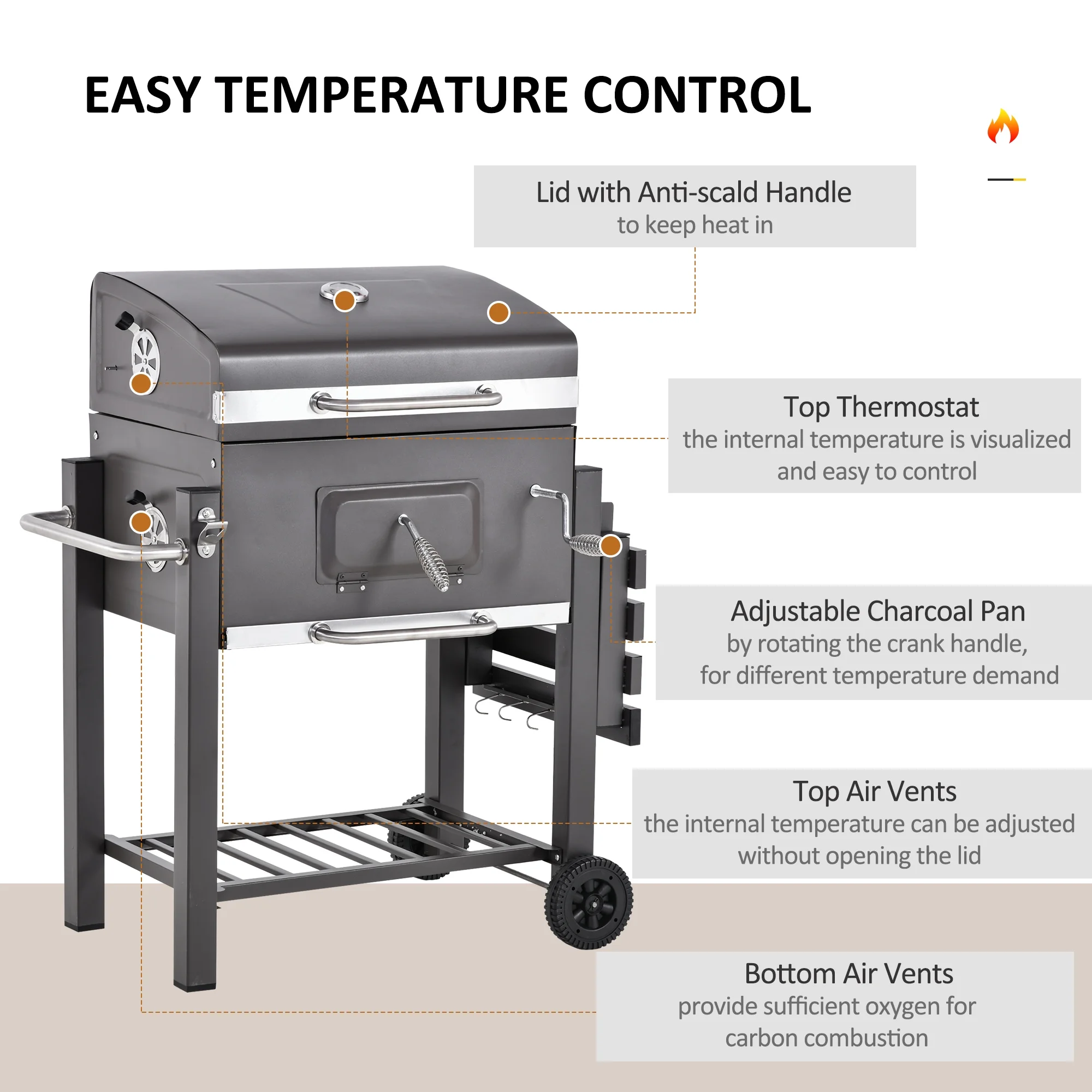Portable Charcoal Grill, Stainless Steel, Thermometer and Side Burner, Gray - Image 4