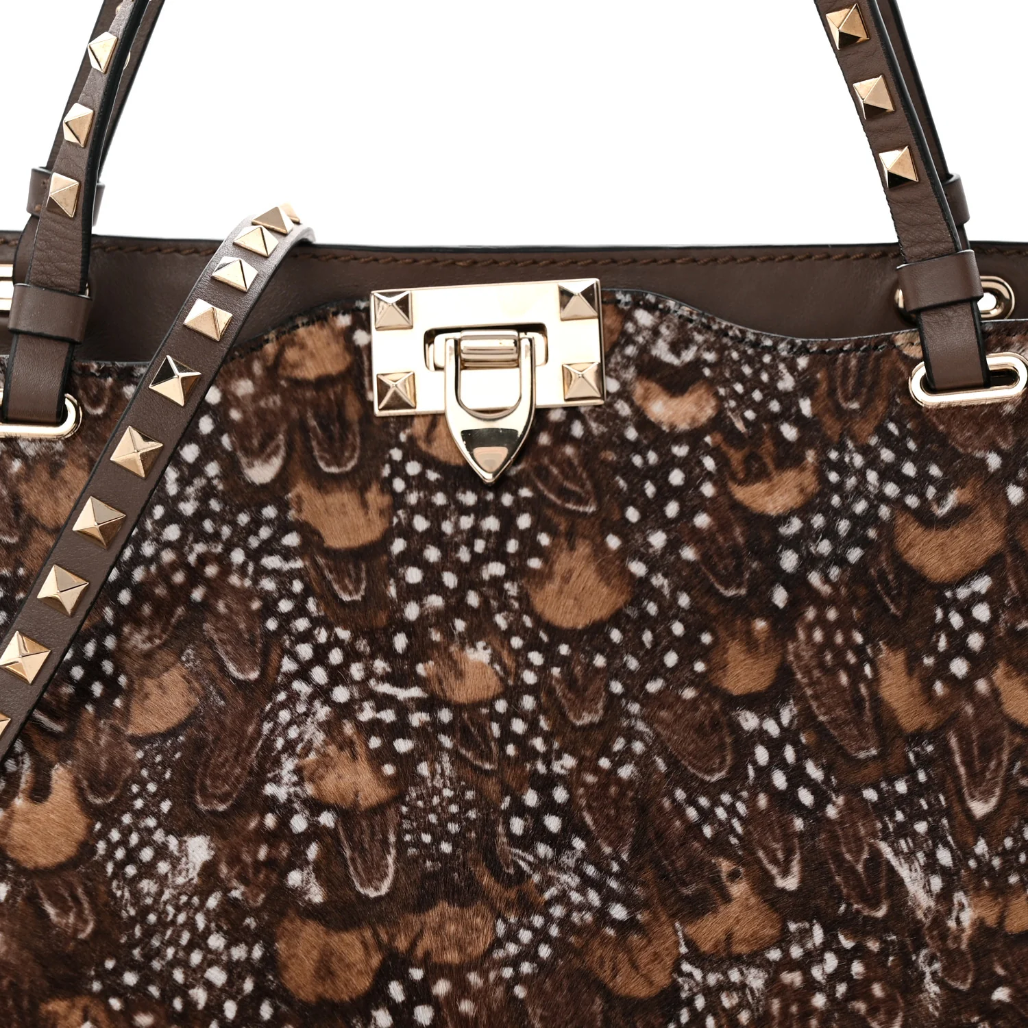 Calf Hair Feather Medium Rockstud Tote Brown