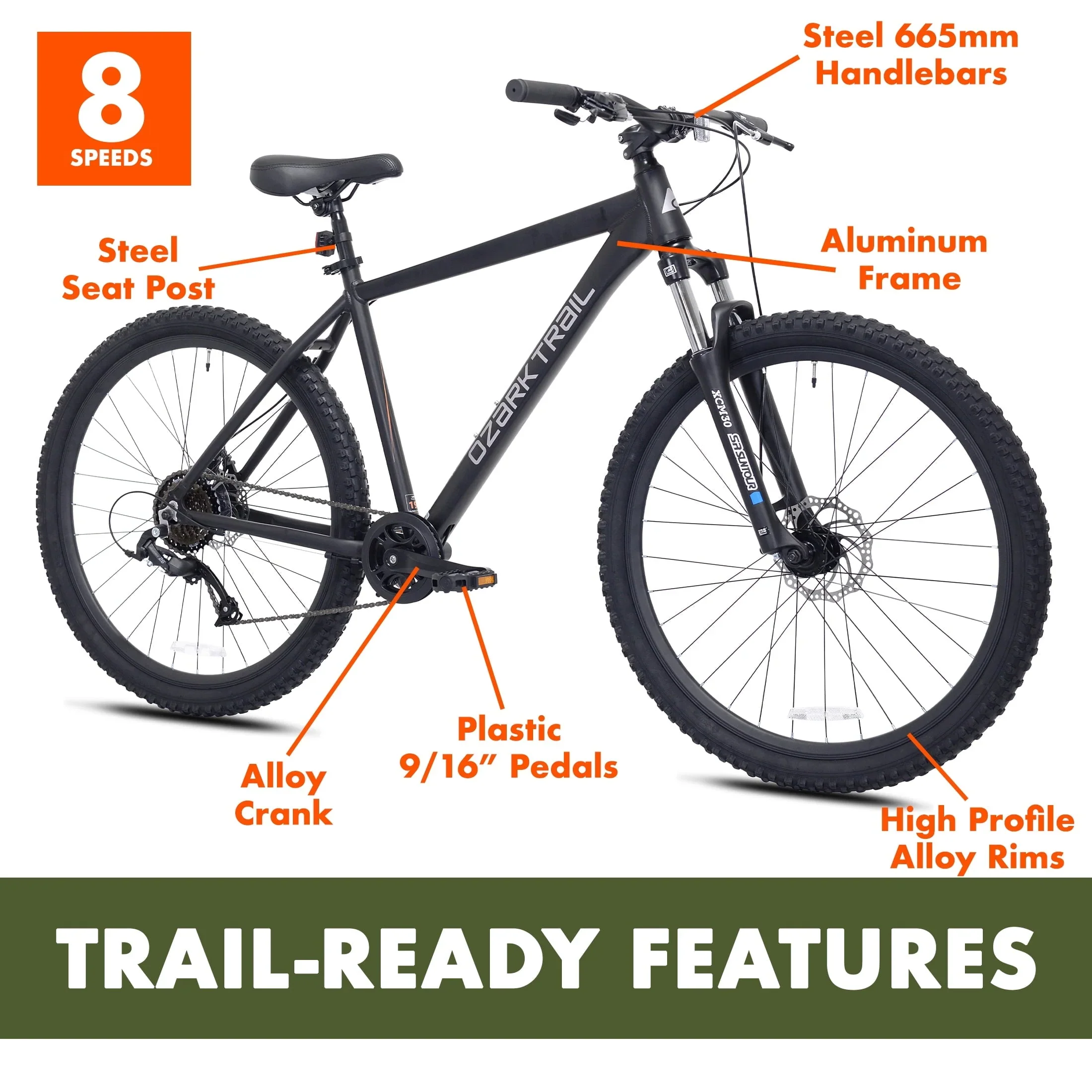 Ozark Trail 27.5 Vibe Mountain Bike, Large Frame, Black, Adult, Unisex