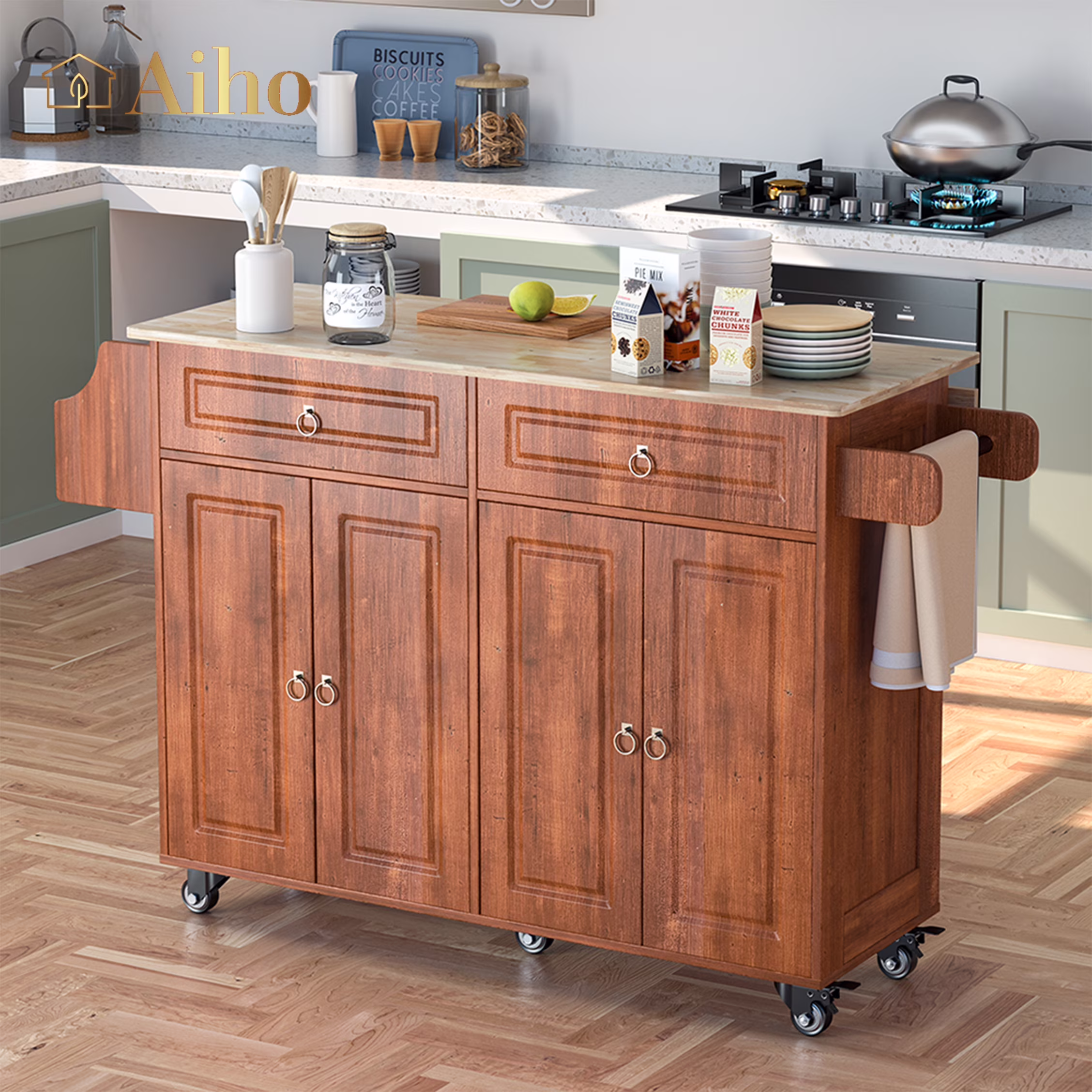 45.5'' Kitchen Island Cart with Storage, Rolling Kitchen Island with Folding Drop Leaf Breakfast Bar for Dining Room, Brown(Brown)