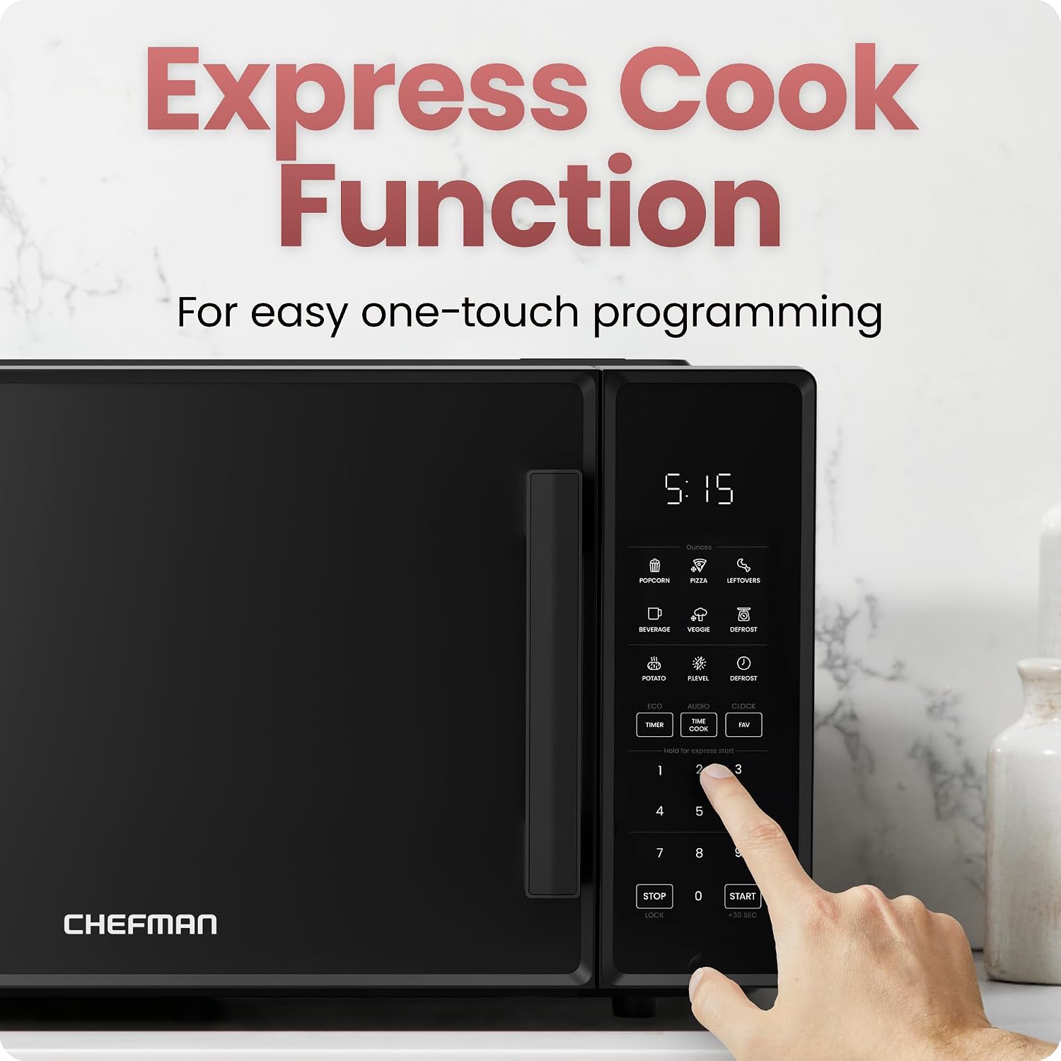 Chefman Countertop Microwave Oven 1.1 Cu 1000 Watts with 10 Power Levels, 6 Cooking Presets with One-Touch Express Cook, Eco Mode, Child Safety Lock, & Mute Button - Black