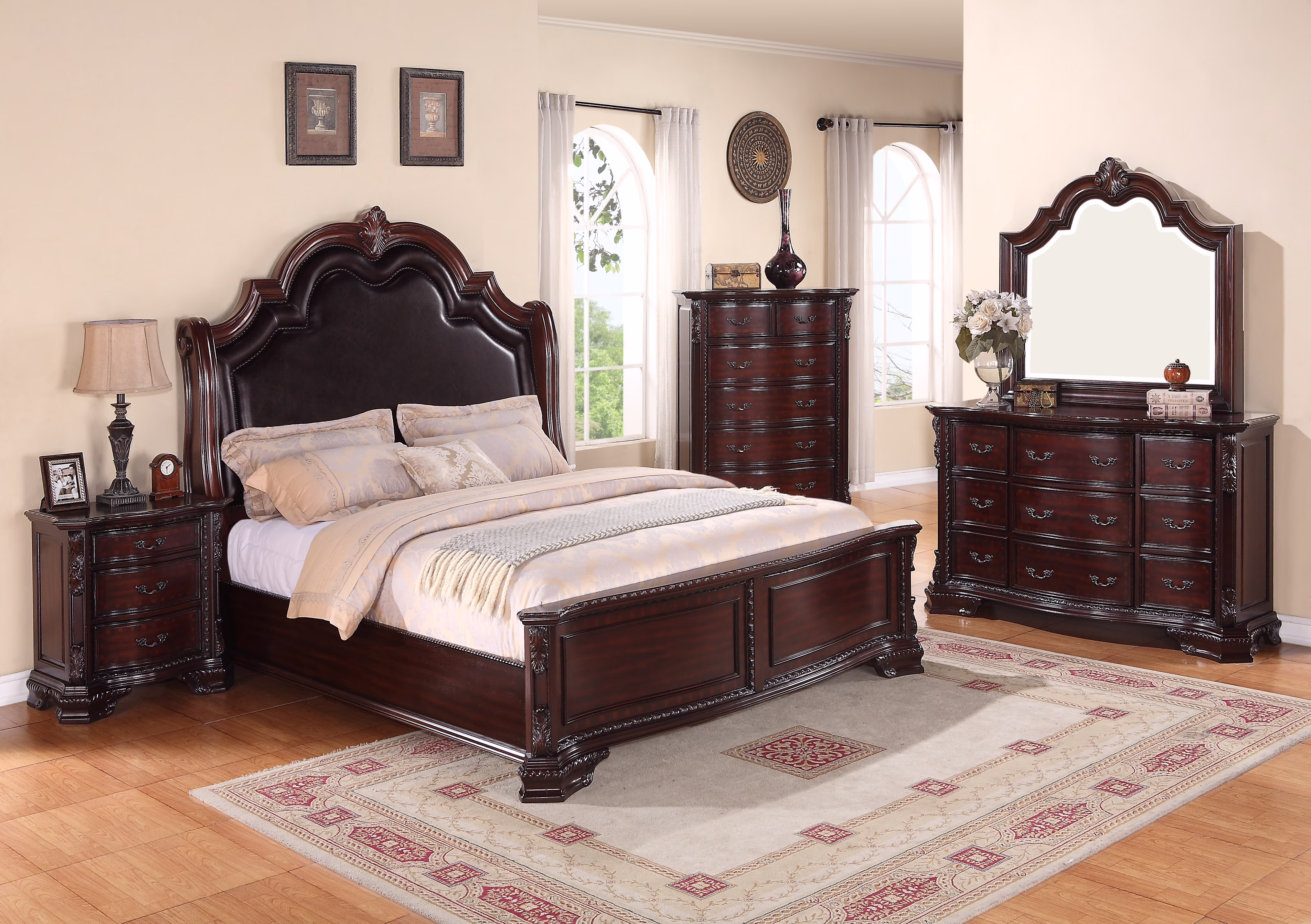 Jerrylee Rich Brown Upholstered Panel Bedroom Set Special King 3 Piece: Bed, Dresser, Mirror